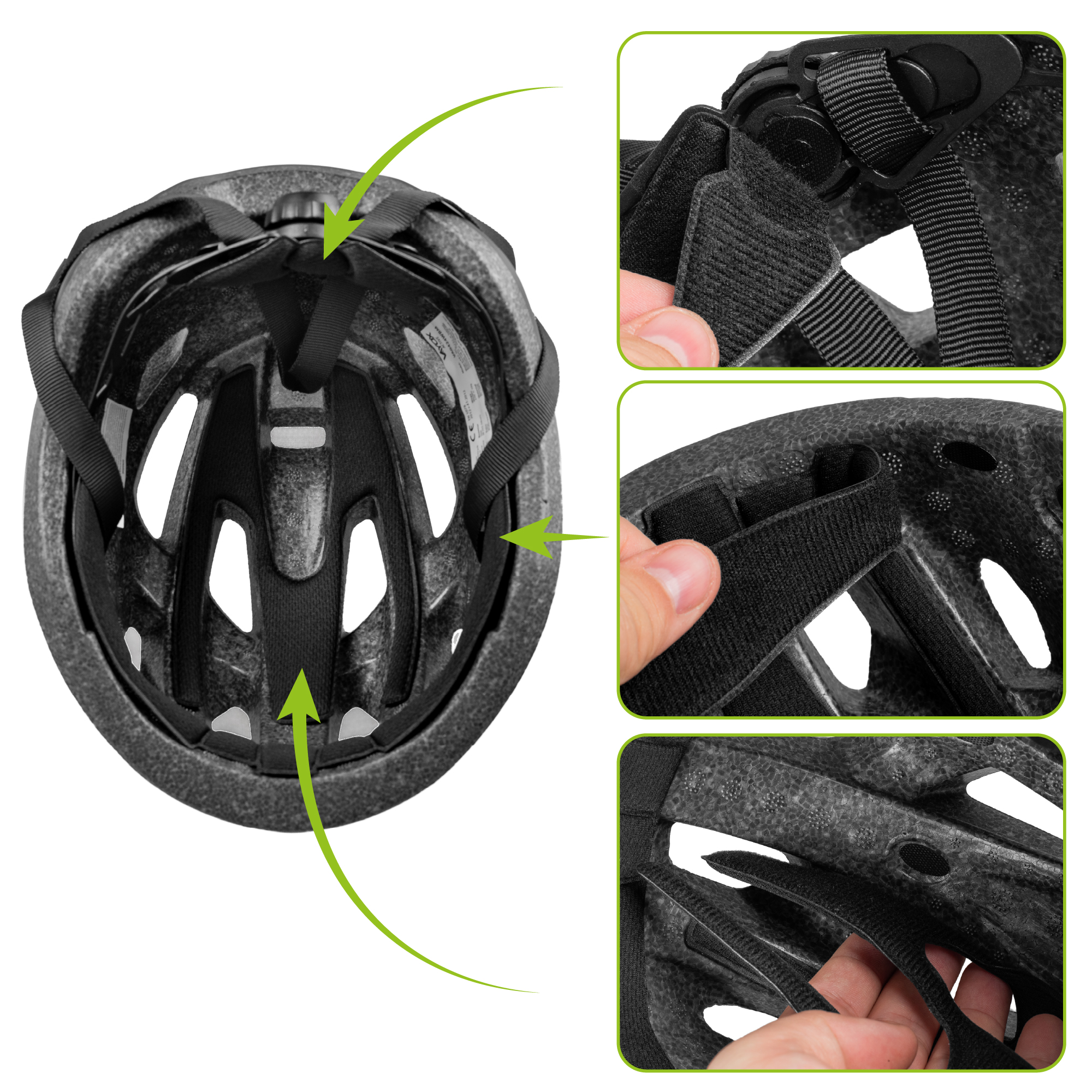 Czarny kask rowerowy widok wewnętrzny ze paskami i mechanizmem regulacji.