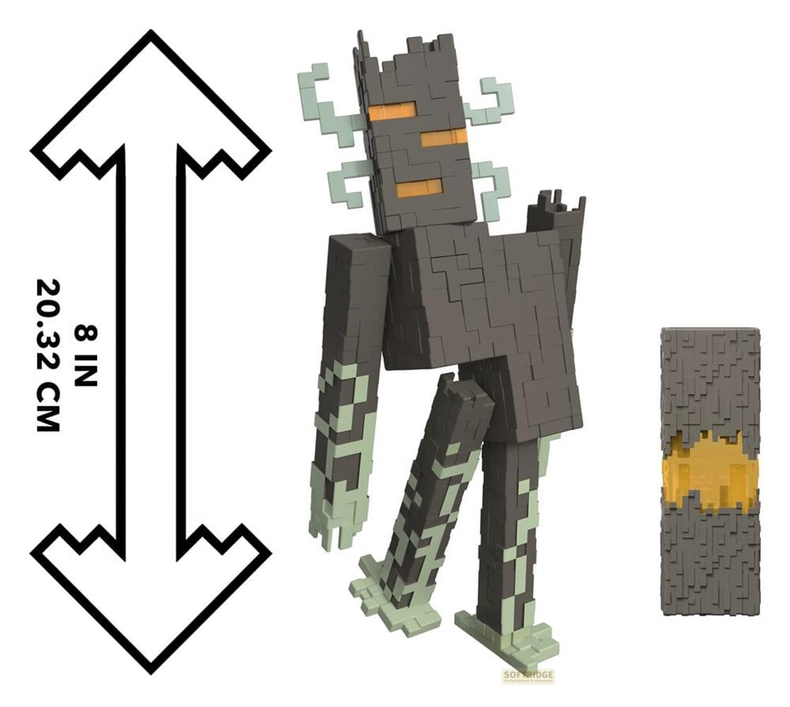 Eine dunkelgraue Minecraft Warden Figur mit orangen Augen und hellgrünen Akzenten. Links ein Größenlineal.