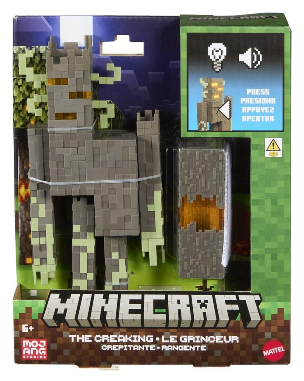 Minecraft Spielfigur "The Creaking" in grau und grün, mit leuchtendem orangefarbenem Kern.