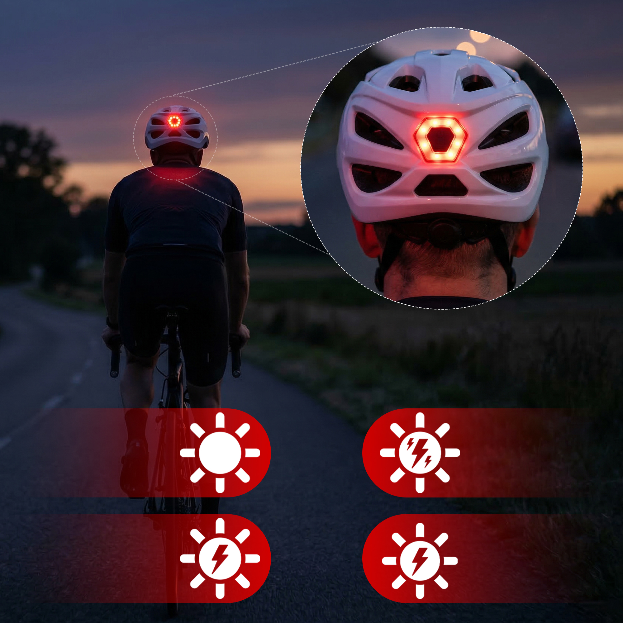 Kolarz w białym kasku z czerwonym światłem tylnym o zachodzie słońca.