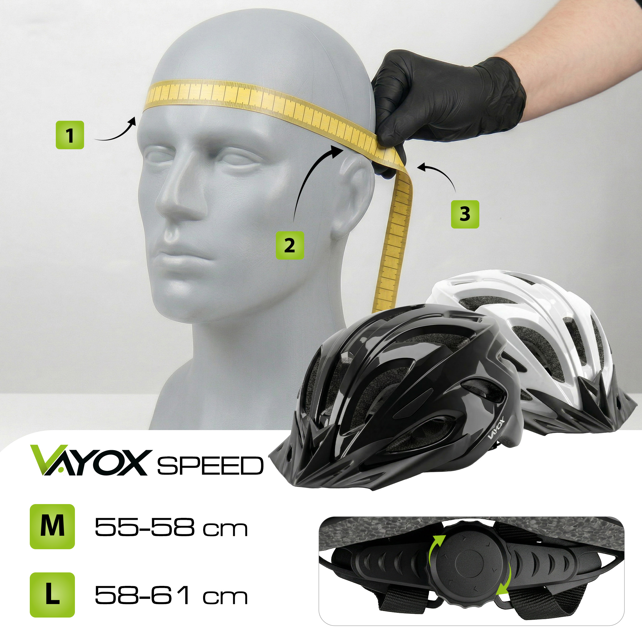 Głowa manekina z miarką, kaski i tabela rozmiarów. Pomiar obwodu głowy.