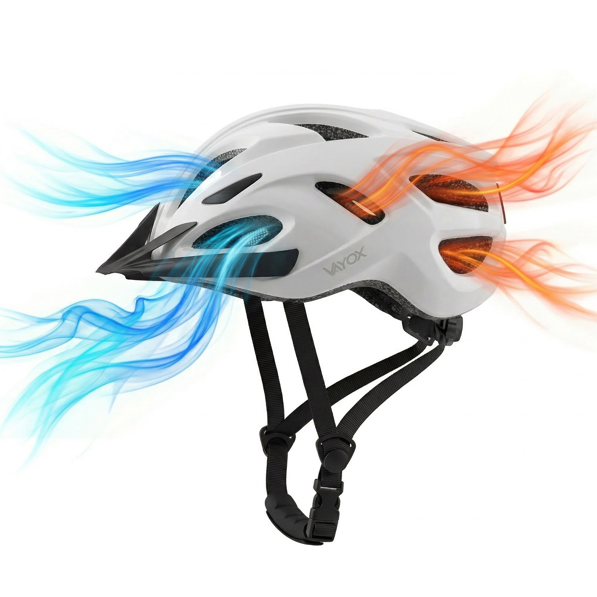 Biały kask rowerowy z niebieskimi i pomarańczowymi efektami przepływu powietrza