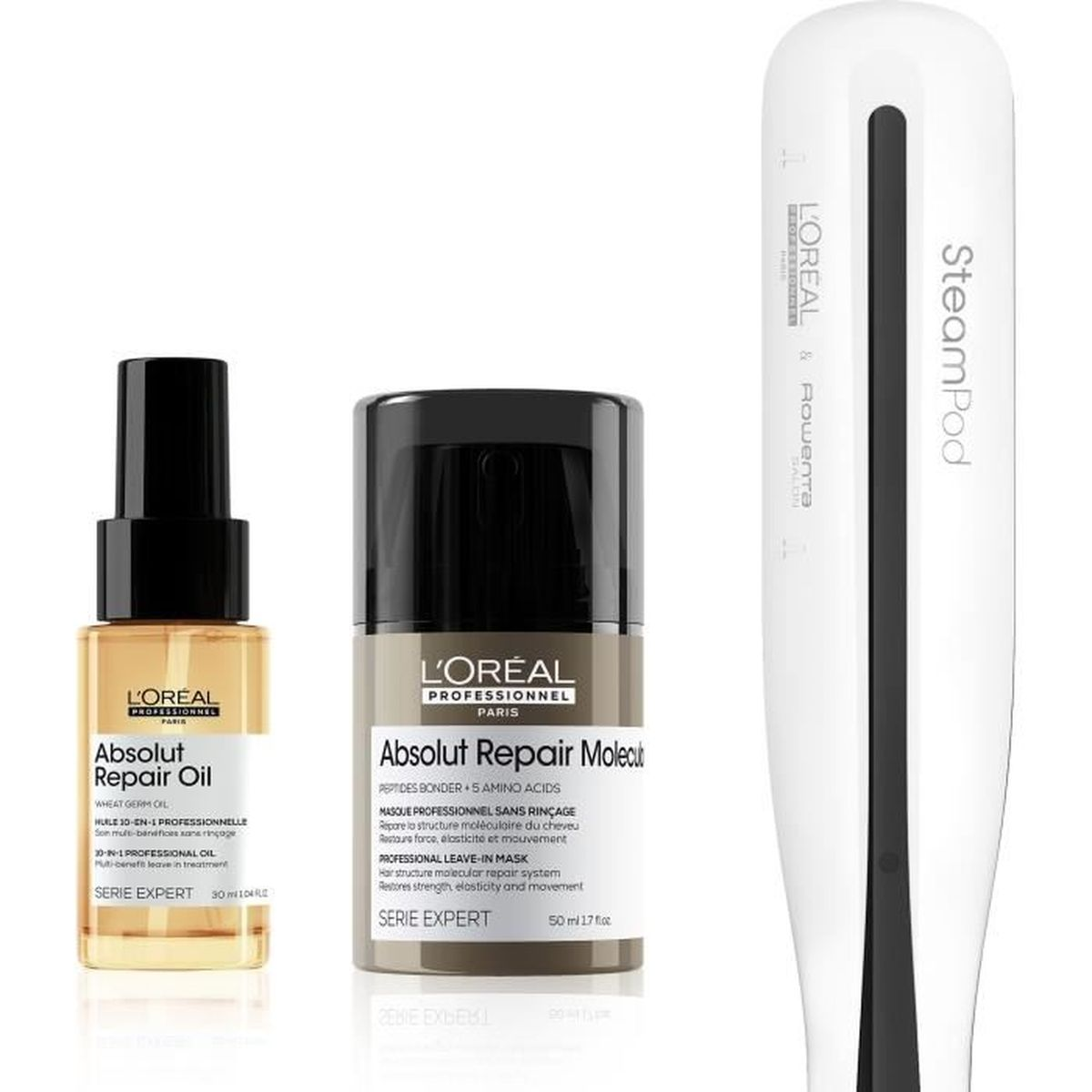 Drei L'Oréal Professionnel Haarprodukte: Öl, Maske und SteamPod Glätteisen.