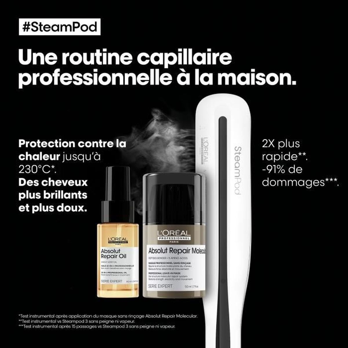 SteamPod mit L'Oréal Absolut Repair Öl und Haarmaske für professionelle Haarpflege zu Hause.