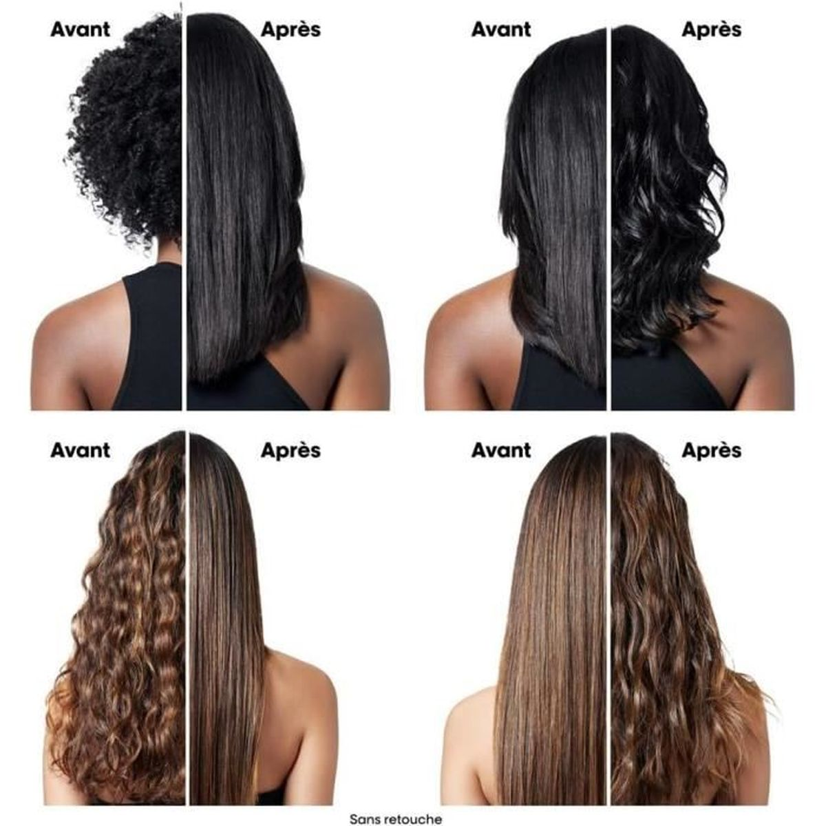 Vorher-Nachher-Vergleich von vier Frisuren, die geglättet wurden.