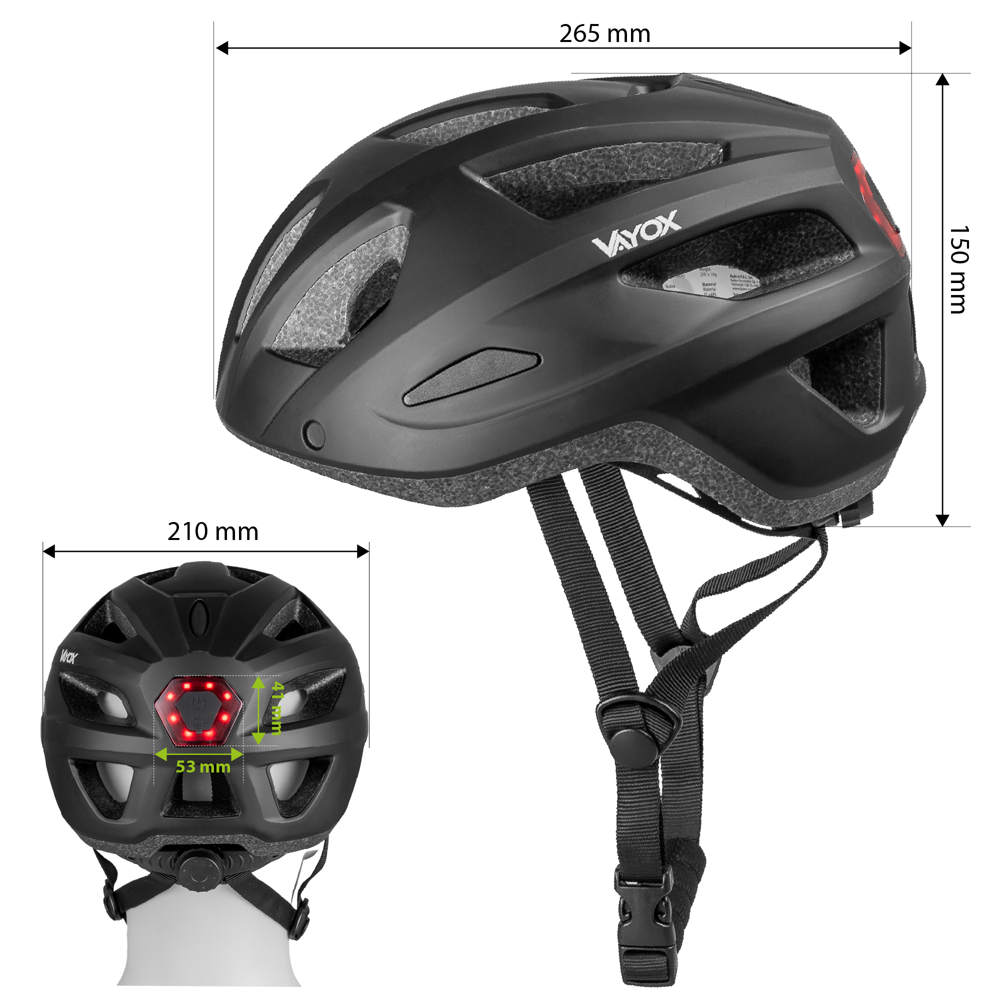 Czarny kask rowerowy z czerwonymi światłami tylnymi i wymiarami.