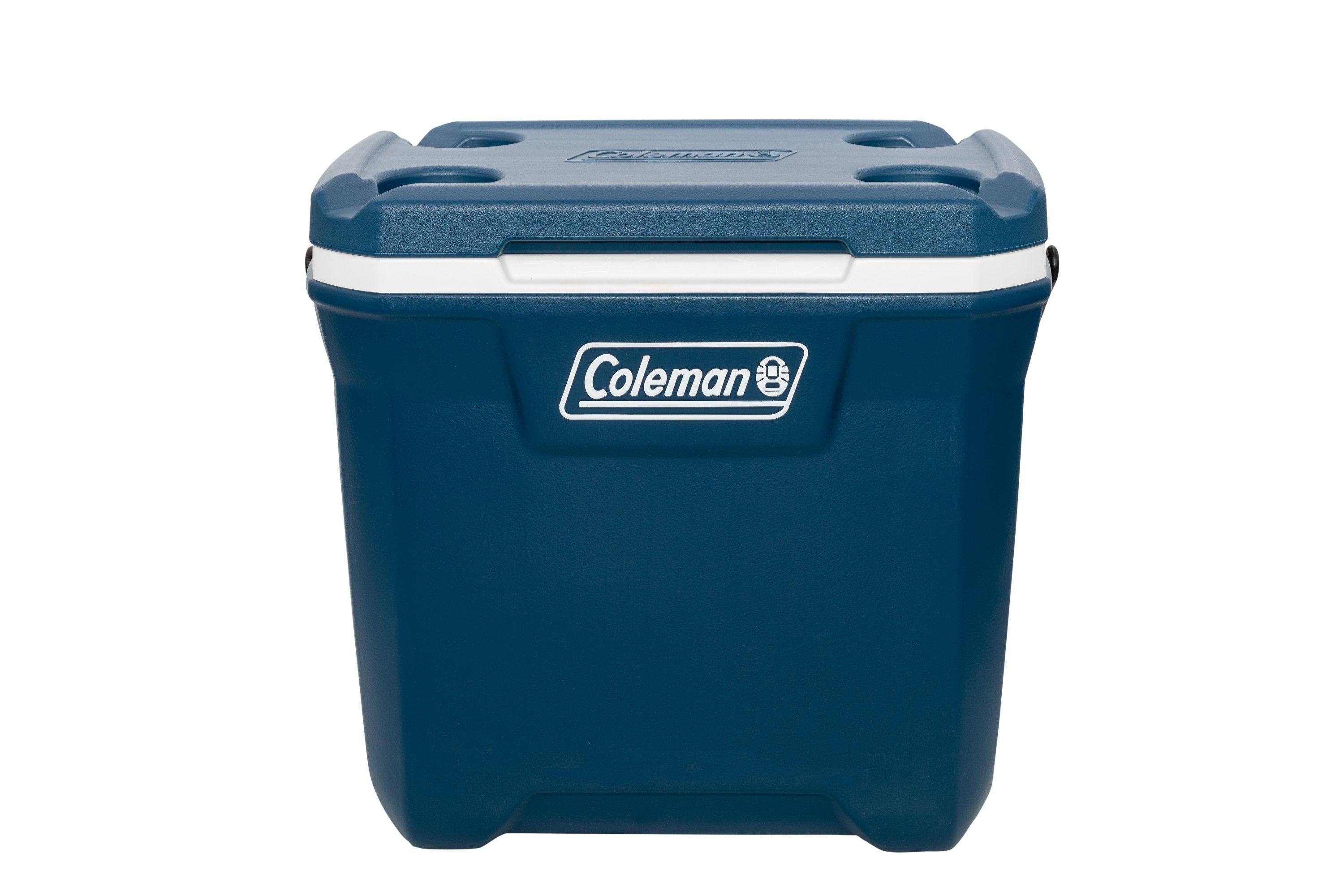 Dunkelblaue Coleman-Kühlbox mit weißem Streifen und Griffen.