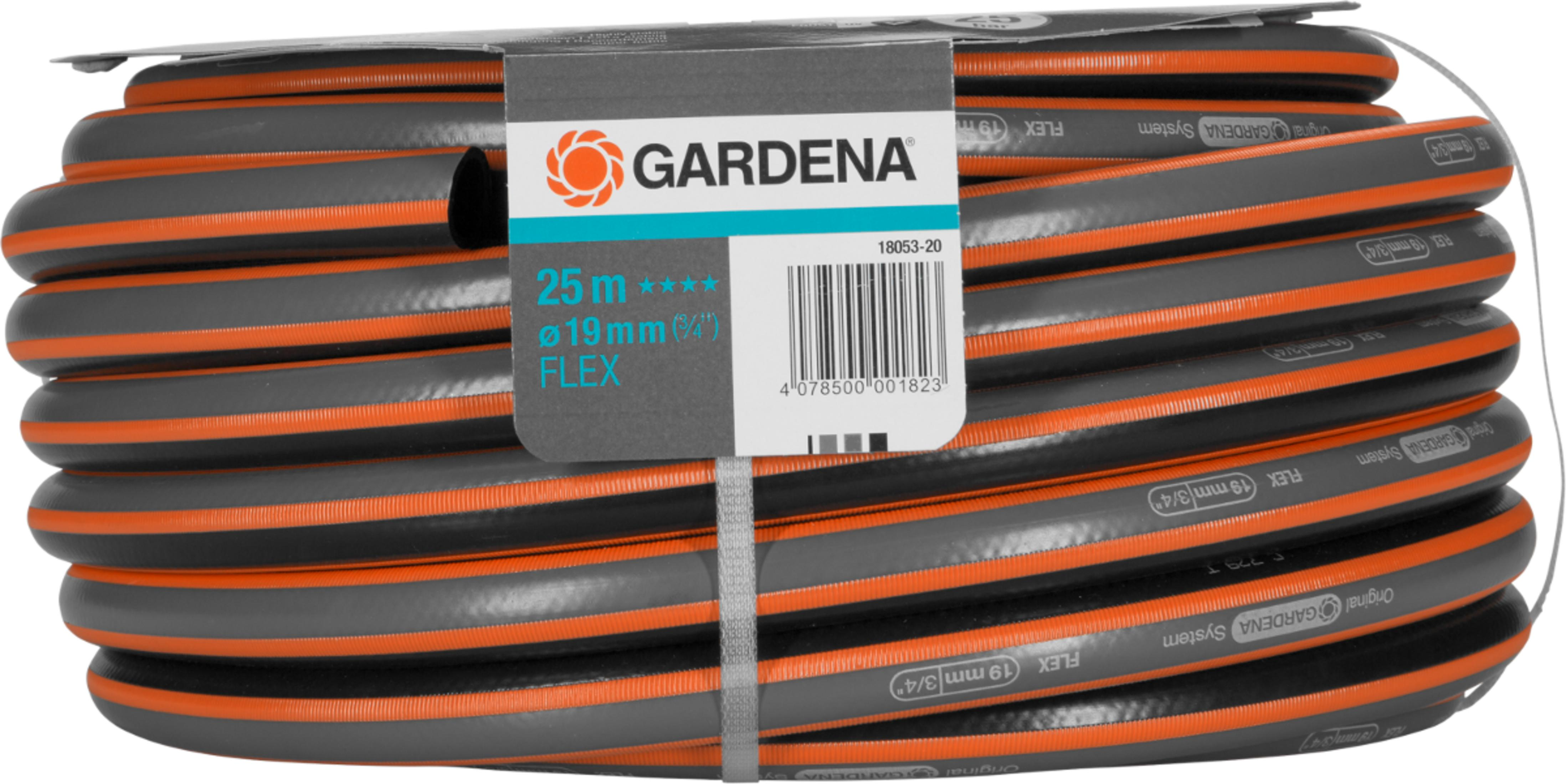 Gartenschlauch 25m, 19mm Durchmesser, mit orangen Streifen, aufgerollt.