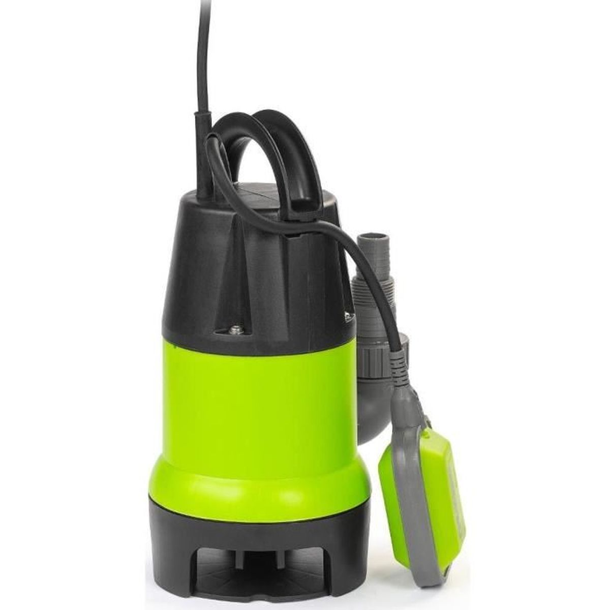 Grüne und schwarze Tauchpumpe mit Schwimmerschalter und Kabel auf weißem Hintergrund.