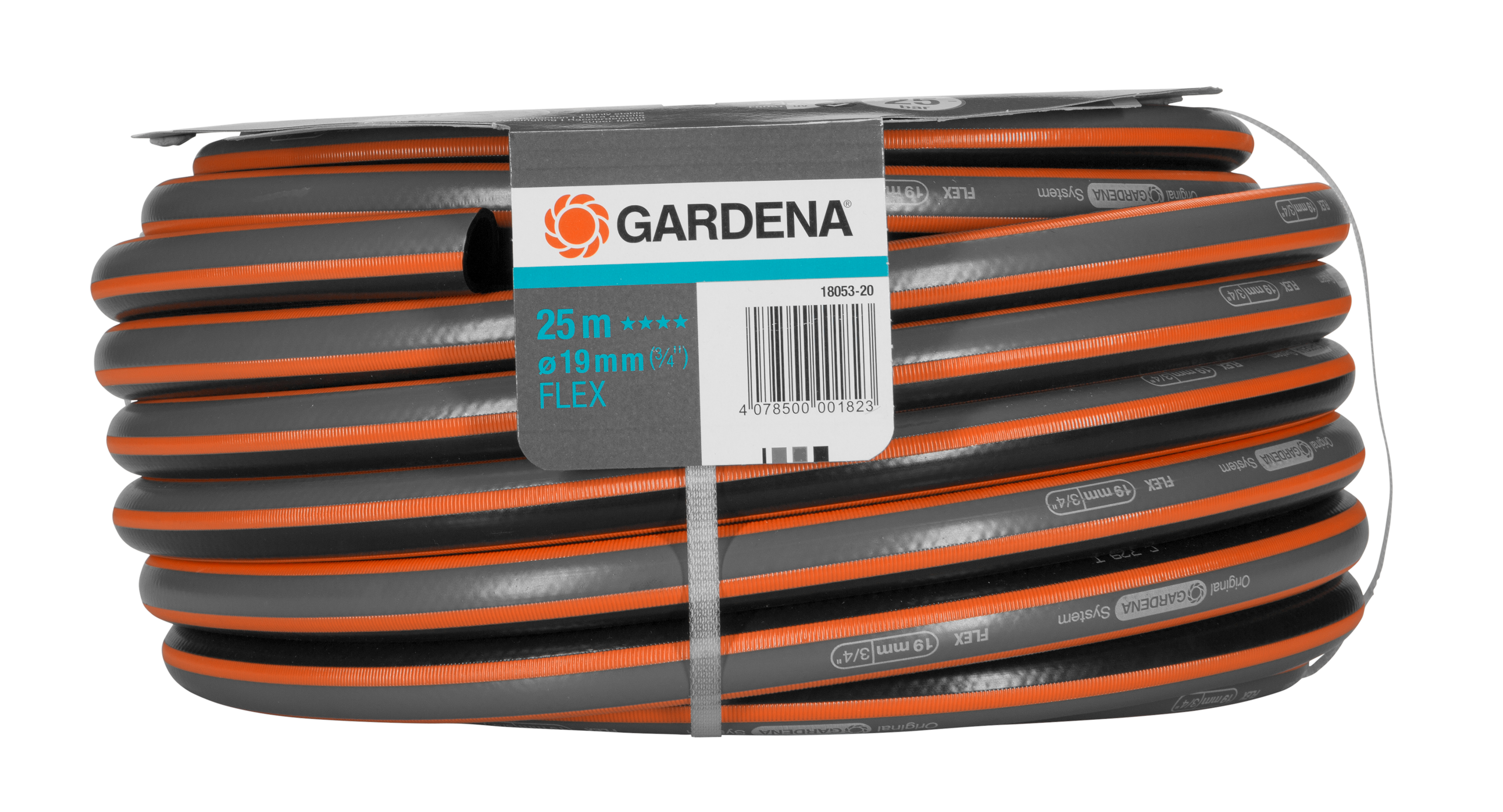 Gartenschlauch von Gardena, 25m lang, 19mm Durchmesser, grau mit orangen Streifen.