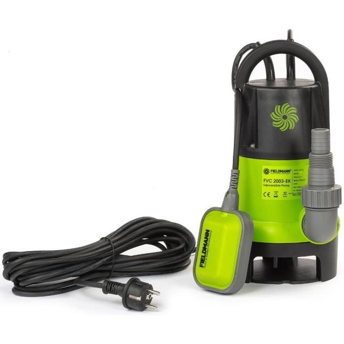 Grüne und schwarze Tauchpumpe mit Schwimmerschalter und Kabel.