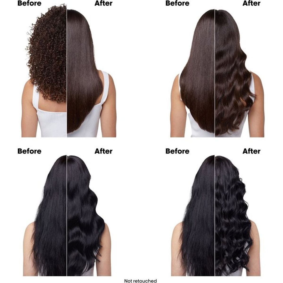 Vorher/Nachher-Vergleich von Frisuren: lockig zu glatt, wellig zu glatt.