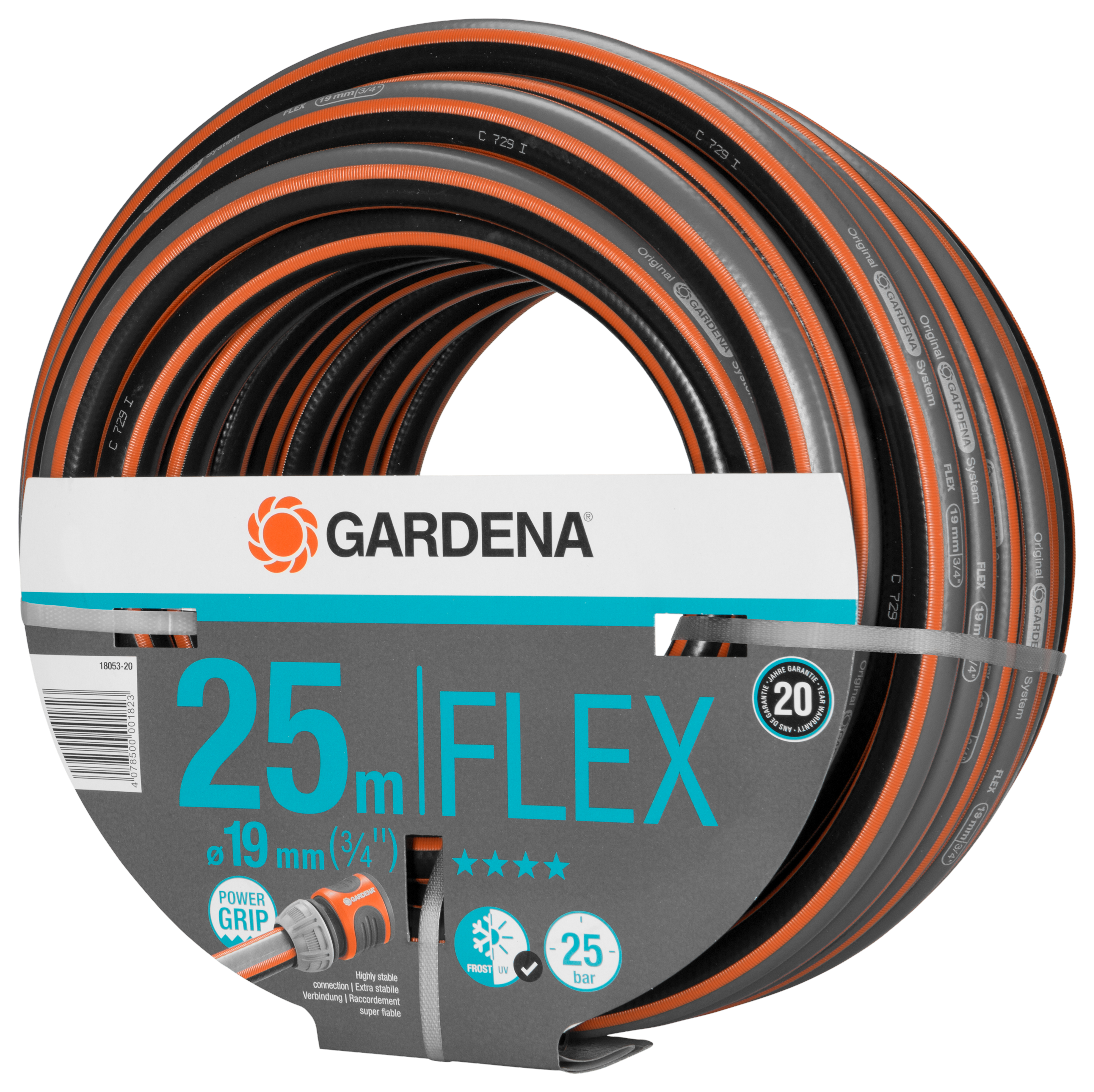 Schwarzer Gartenschlauch mit orangen Streifen, aufgerollt, mit Produktinformationen.