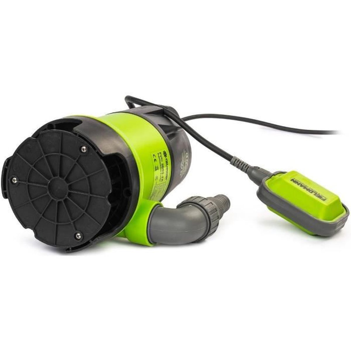 Grüne und schwarze Tauchpumpe mit Schwimmerschalter und Kabel.