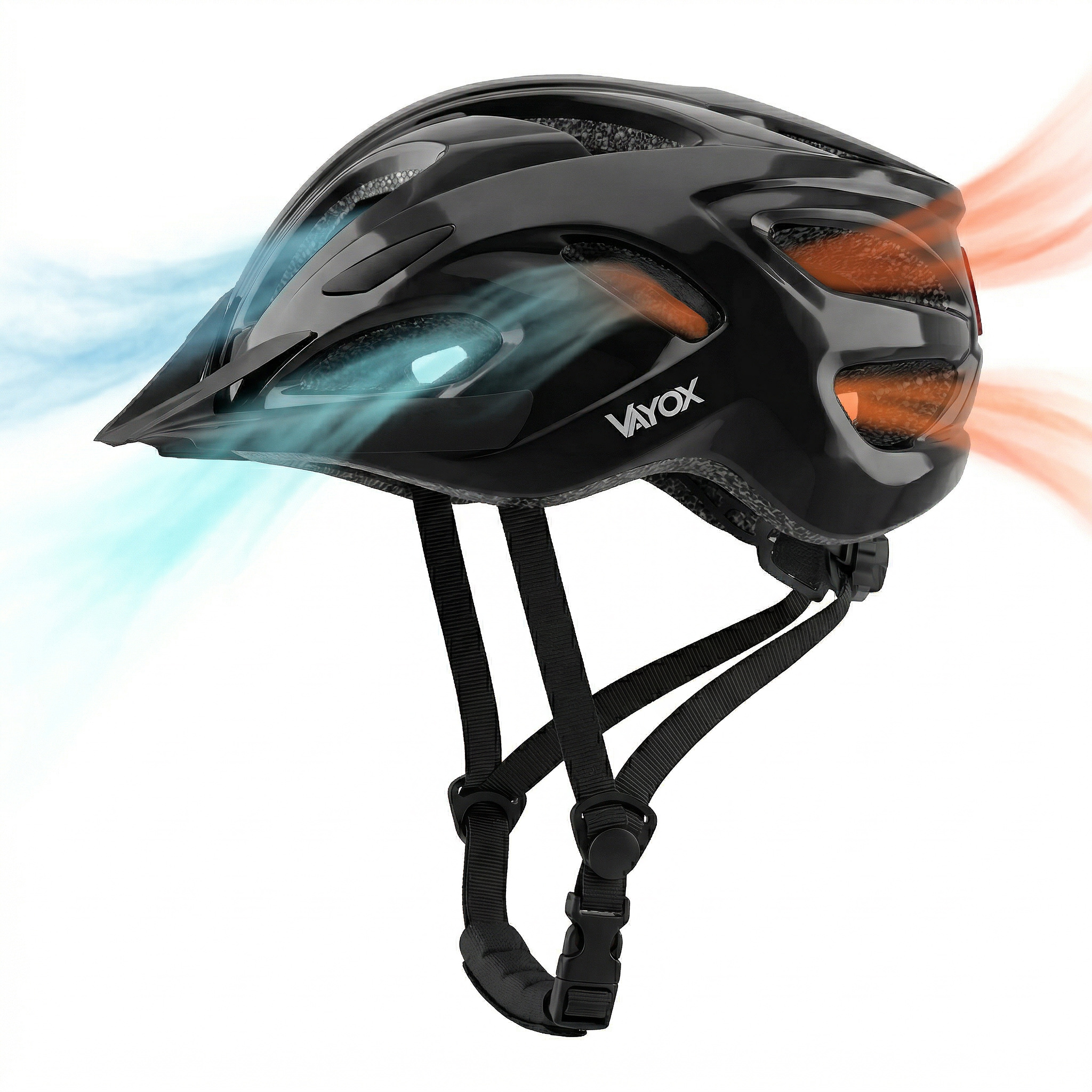 Czarny kask rowerowy z niebieskimi i czerwonymi efektami przepływu powietrza, pokazujący wentylację.