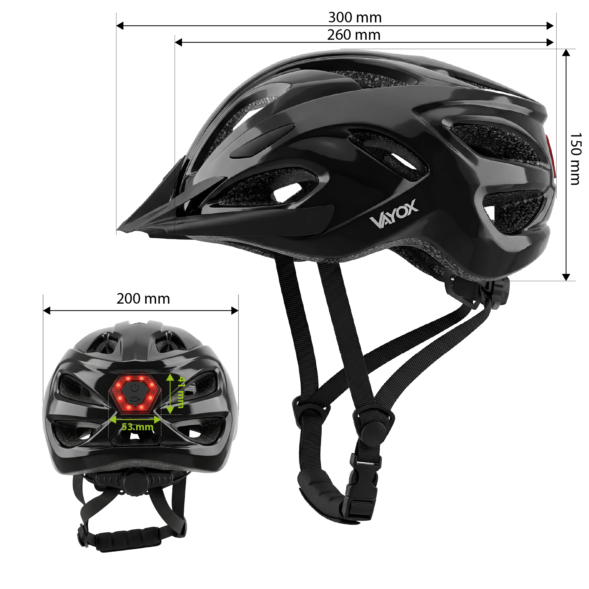 Czarny kask rowerowy z tylnym światłem i regulacją rozmiaru. Podane wymiary.