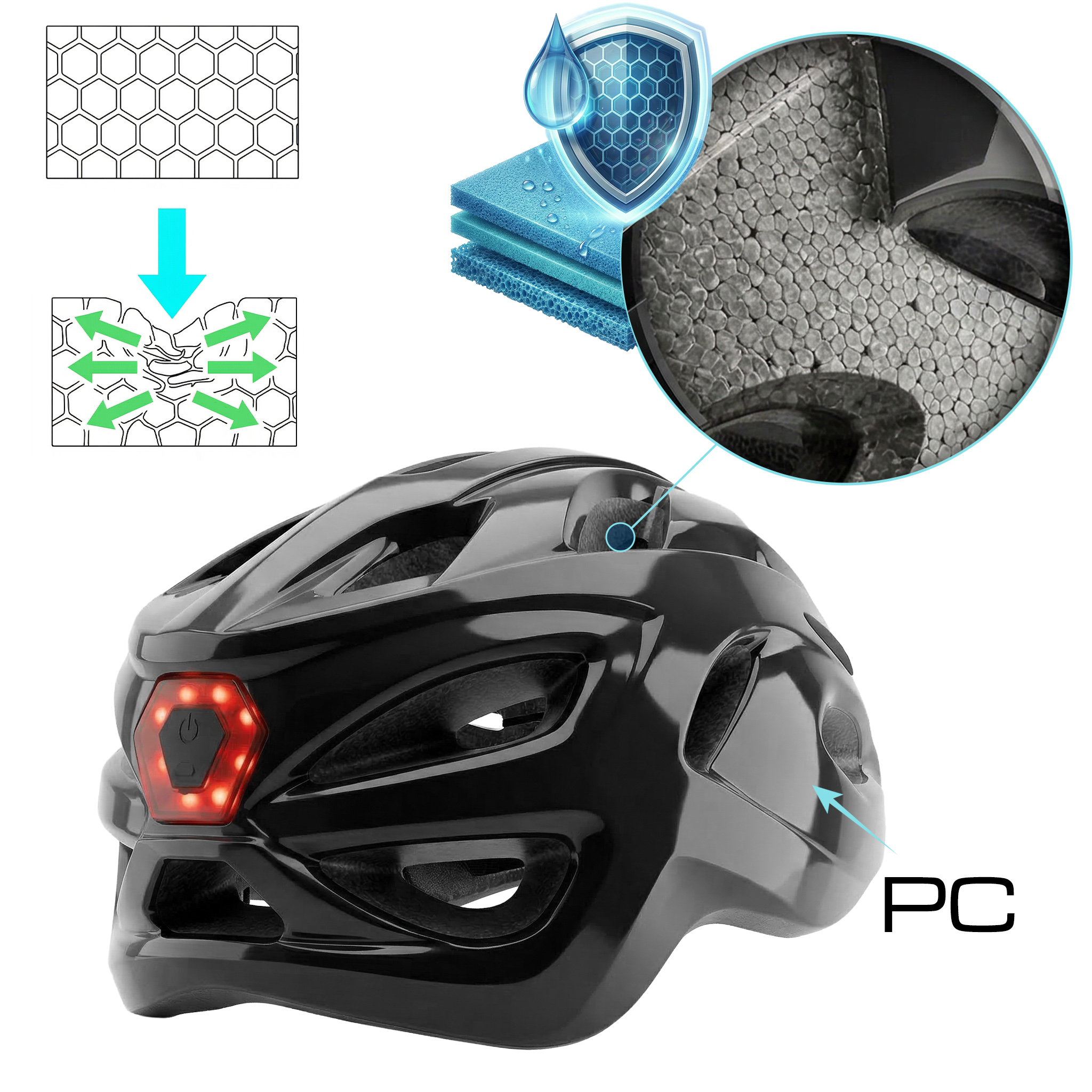 Czarny kask rowerowy ze zintegrowanym czerwonym światłem tylnym i zbliżeniami struktury.
