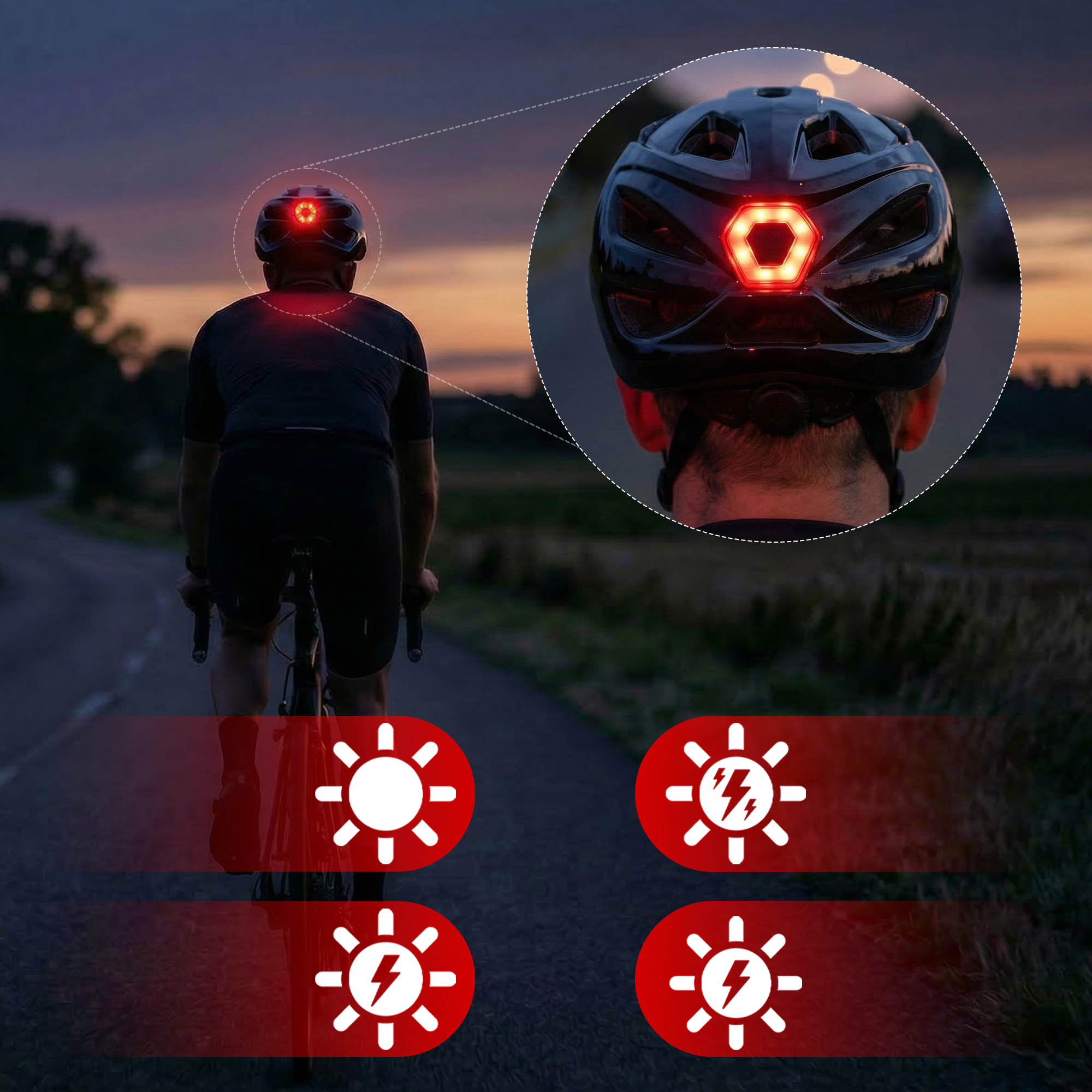 Kolarz o zmierzchu z świecącym tylnym światłem kasku. Zbliżenie pokazuje sześciokątne czerwone światło.