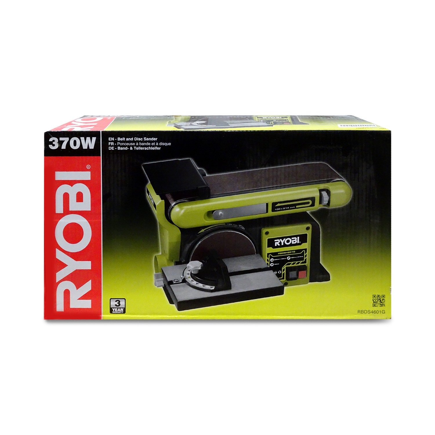 Grüne Ryobi Band- und Tellerschleifmaschine auf einem Karton mit 370W Leistung.