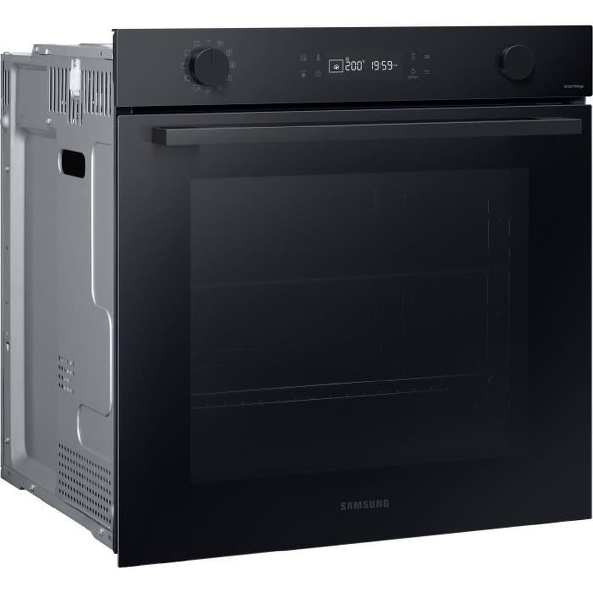 Forno da incasso nero con display digitale e cassa argentata.