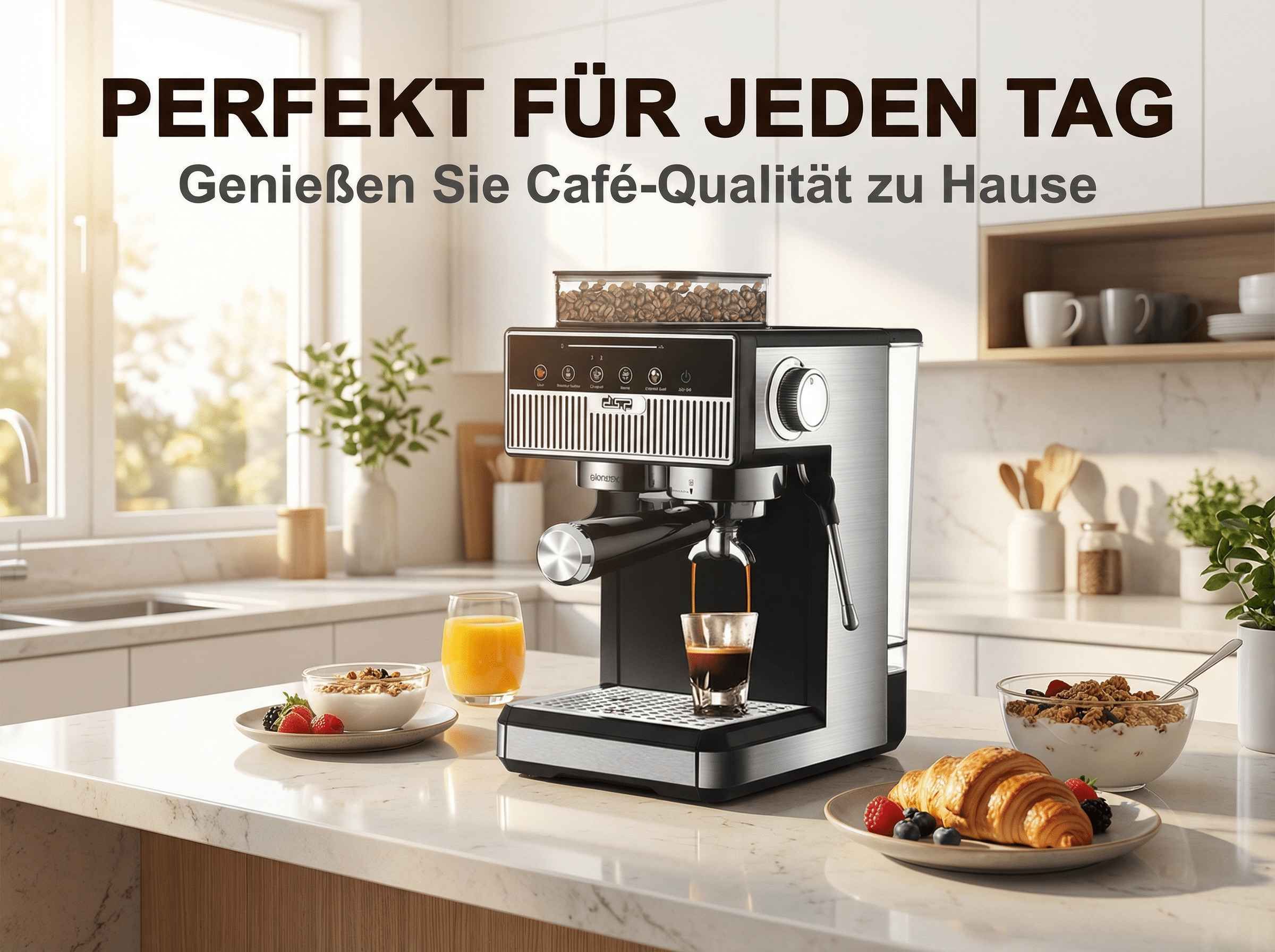 Kaffeemaschine brüht Espresso, daneben Müsli, Saft und Croissant.