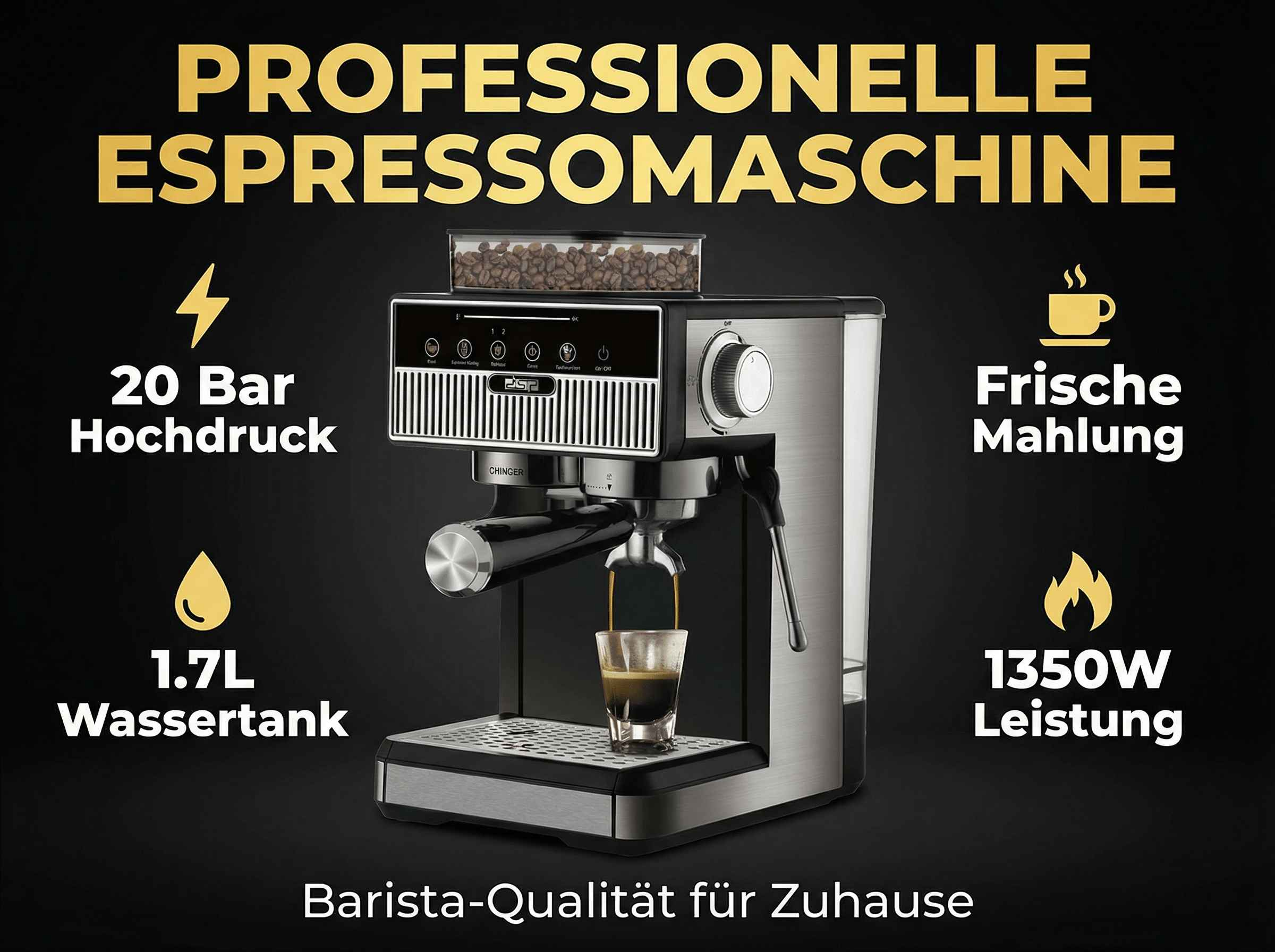 Professionelle Espressomaschine mit 20 Bar, 1.7L Wassertank, frischer Mahlung & 1350W.