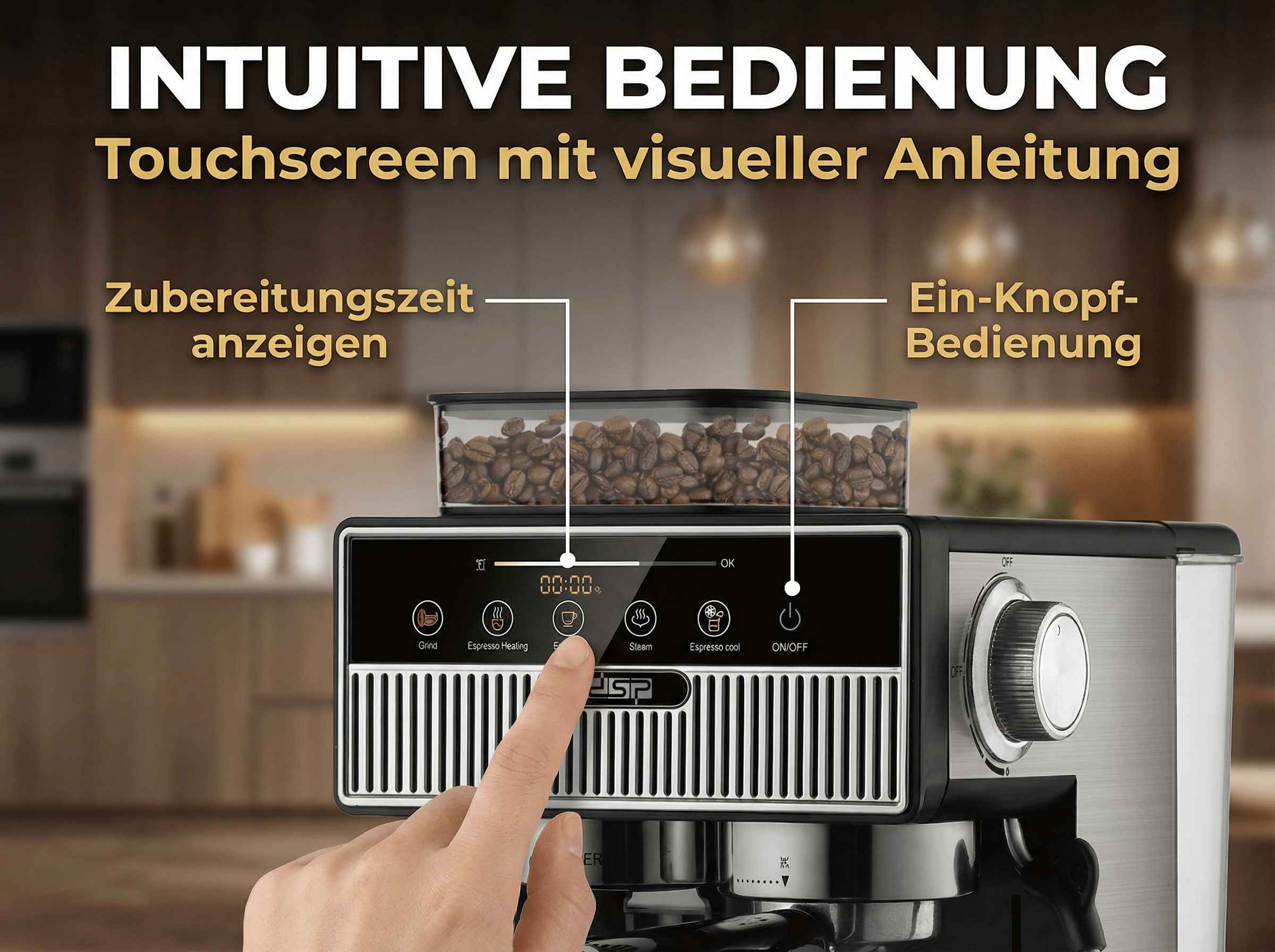 Kaffeemaschine mit Touchscreen und Bohnenbehälter. Eine Hand drückt eine Taste.