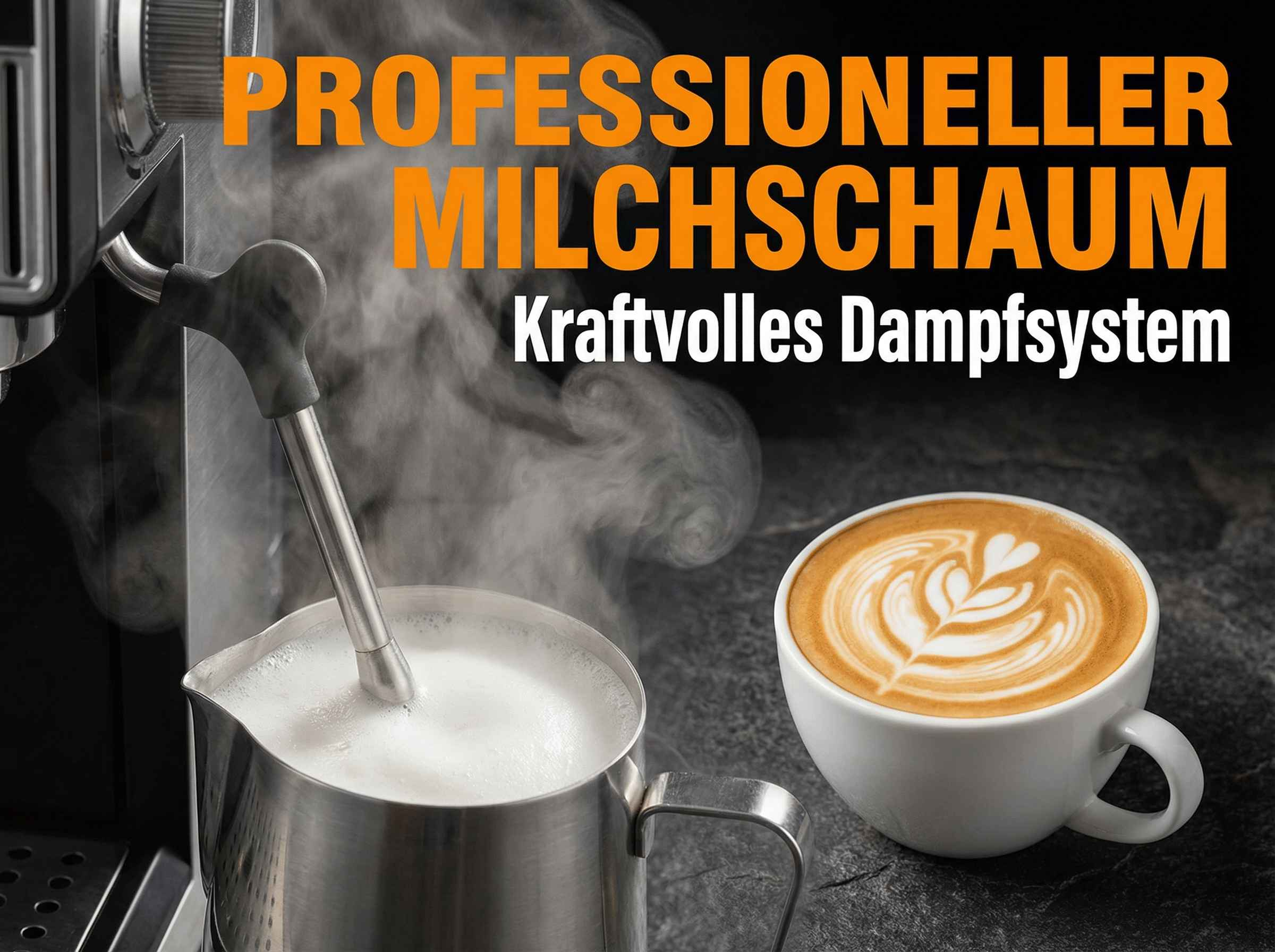 Ein Espresso-Siebträger schäumt Milch auf, daneben eine Latte mit Herzmuster.