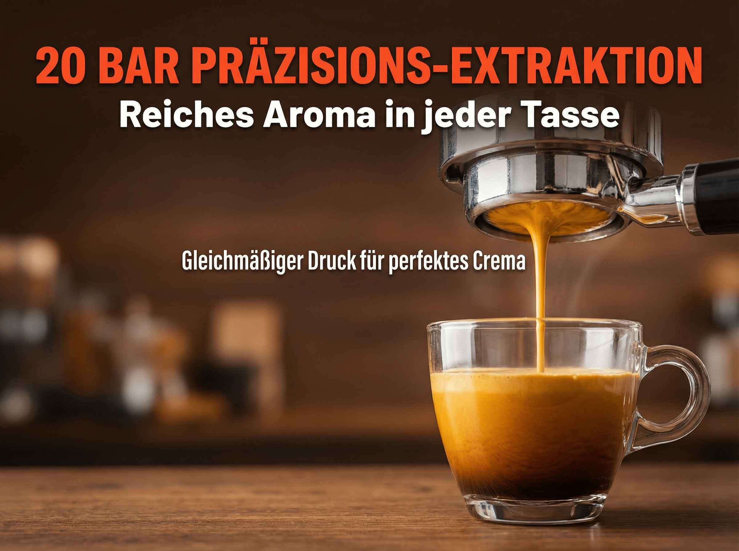 Espresso fließt aus einer Maschine in eine Glas Tasse. Brauner Hintergrund.