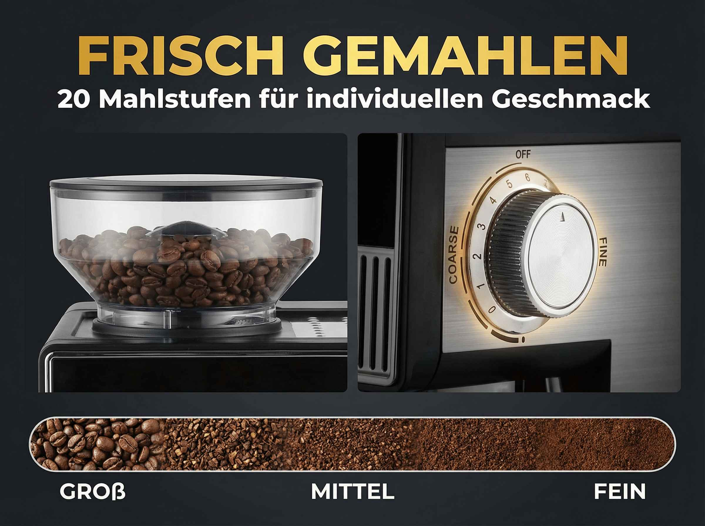 Kaffeemühle mit Bohnenbehälter, Mahlgradregler und drei Mahlgradstufen: GROB, MITTEL, FEIN.