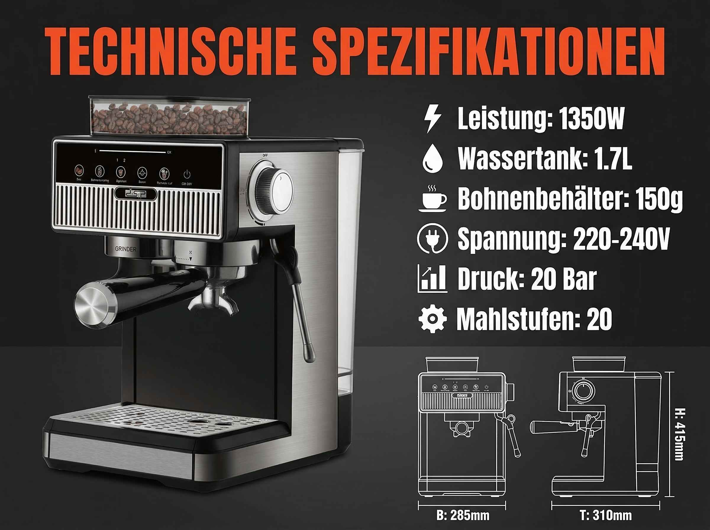 Eine Espressomaschine mit Bohnenbehälter, Bedienfeld und technischen Daten.