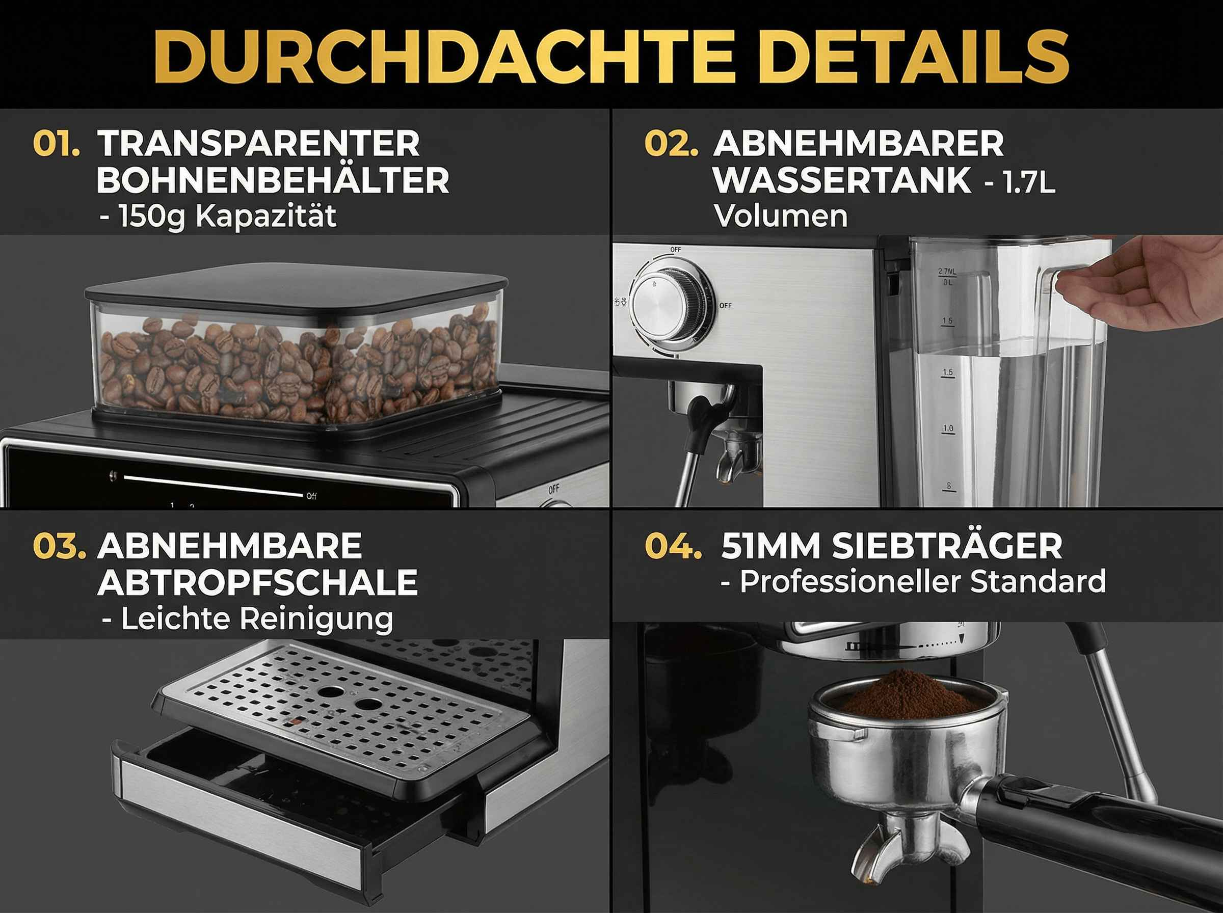Kaffeemaschine mit Bohnenbehälter, Wassertank, Abtropfschale und Siebträger.