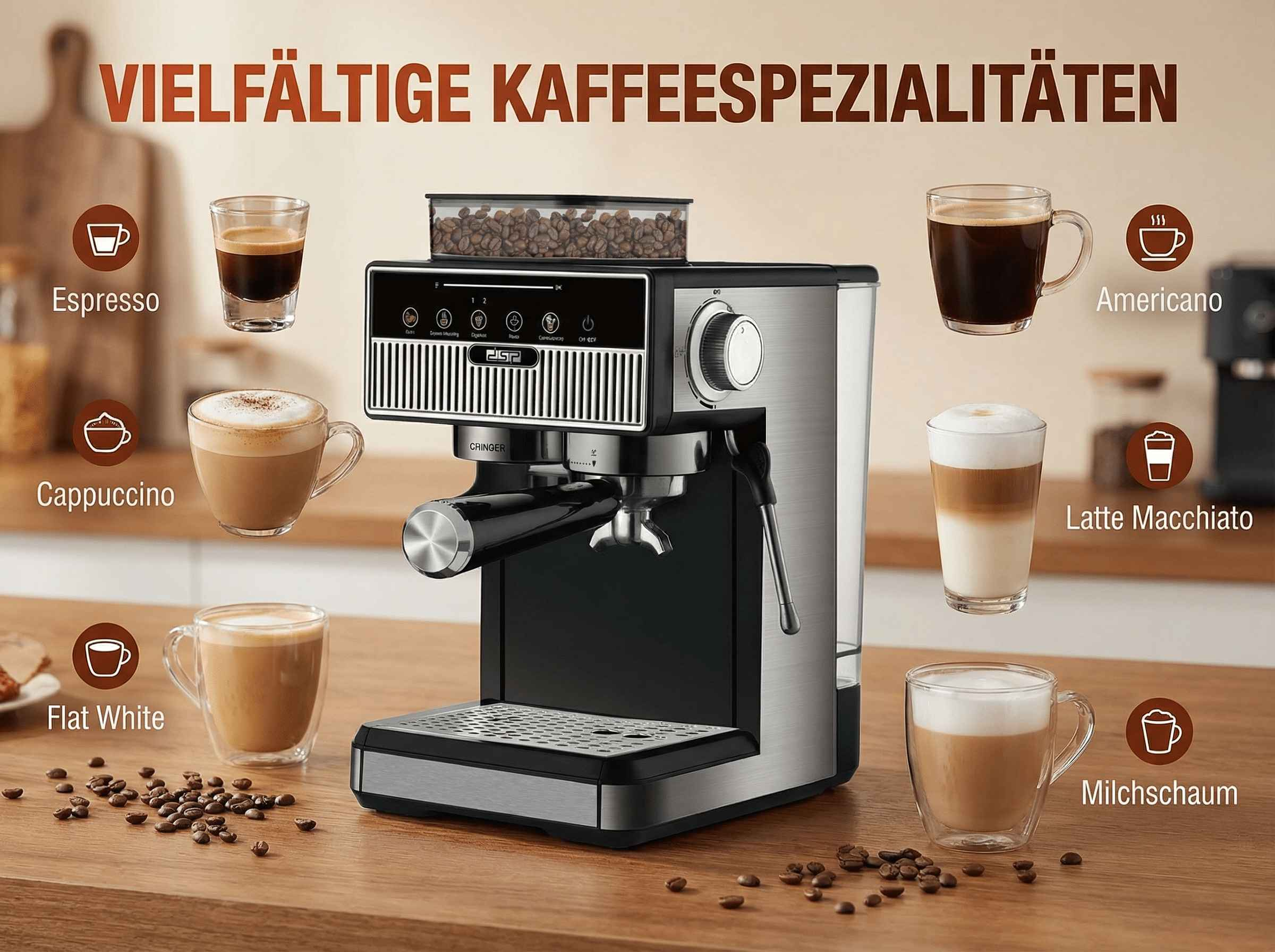Kaffeemaschine mit verschiedenen Kaffeesorten: Espresso, Cappuccino, Flat White, Americano, Latte Macchiato, Milchschaum.