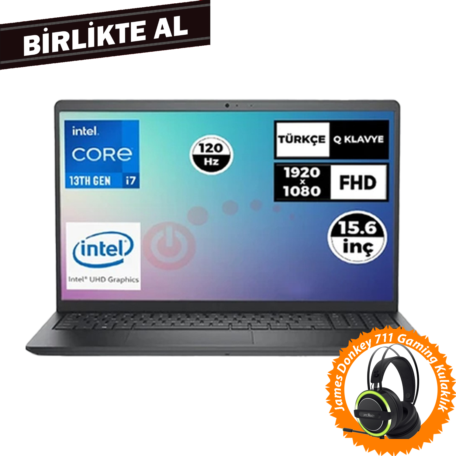 Intel Core i7, 120Hz, FHD ekranlı dizüstü bilgisayar ve oyuncu kulaklığı.