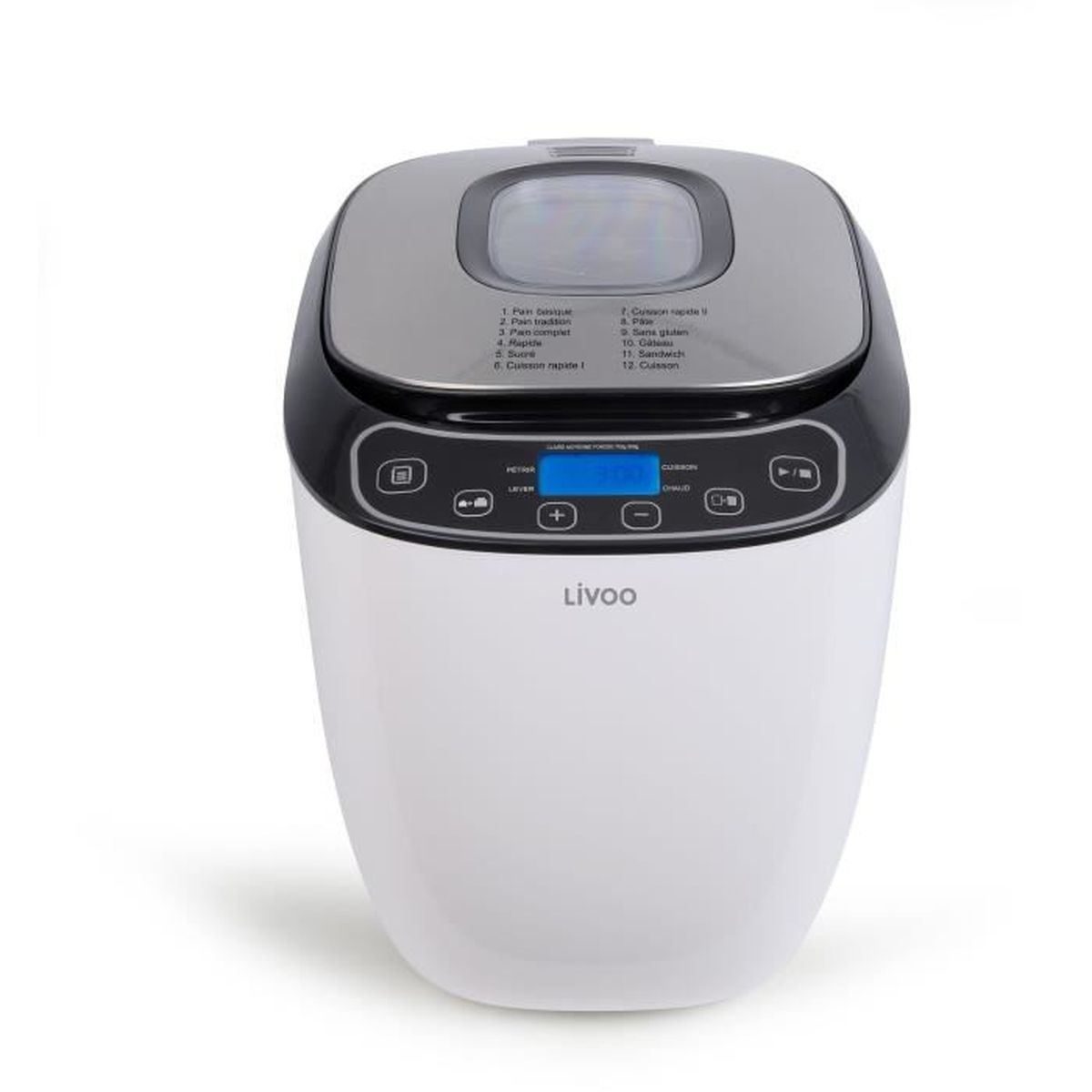Ein weißer und schwarzer Brotbackautomat mit Bedienfeld und LCD-Display.