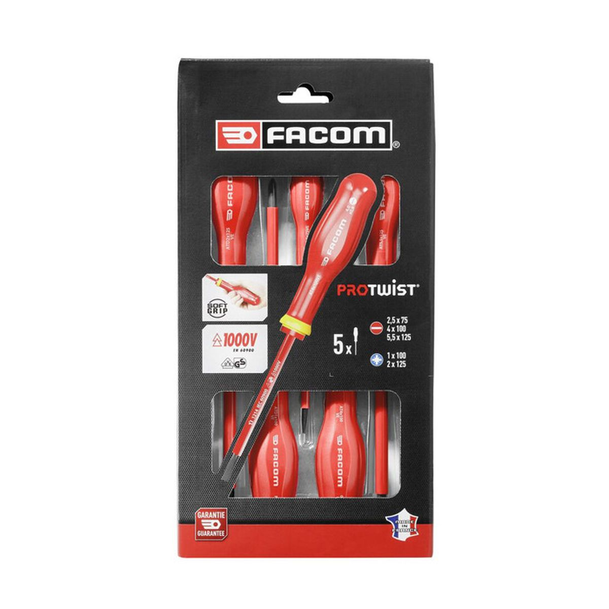 Verpackung mit 5 roten Schraubendrehern von Facom, mit "Protwist"-Griff und 1000V-Isolierung.