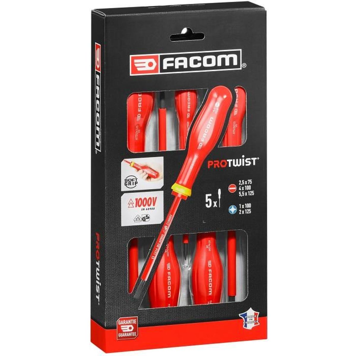 Ein Set roter und schwarzer Schraubendreher von Facom mit gelben Akzenten in einer Verpackung.
