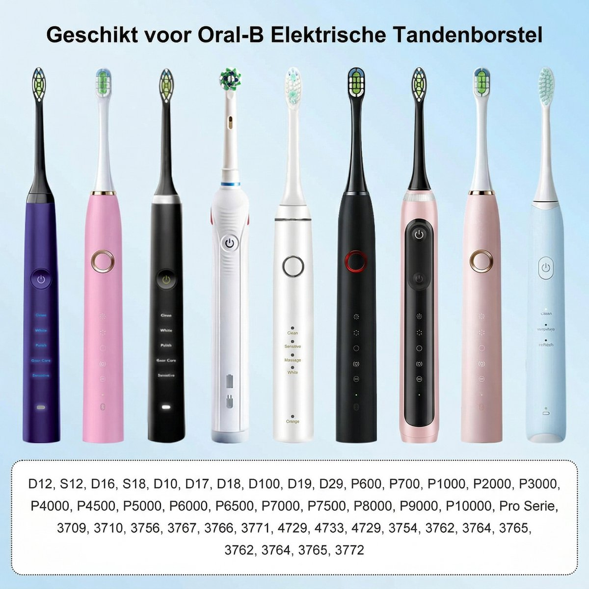 Neun elektrische Zahnbürsten in verschiedenen Farben und Designs.