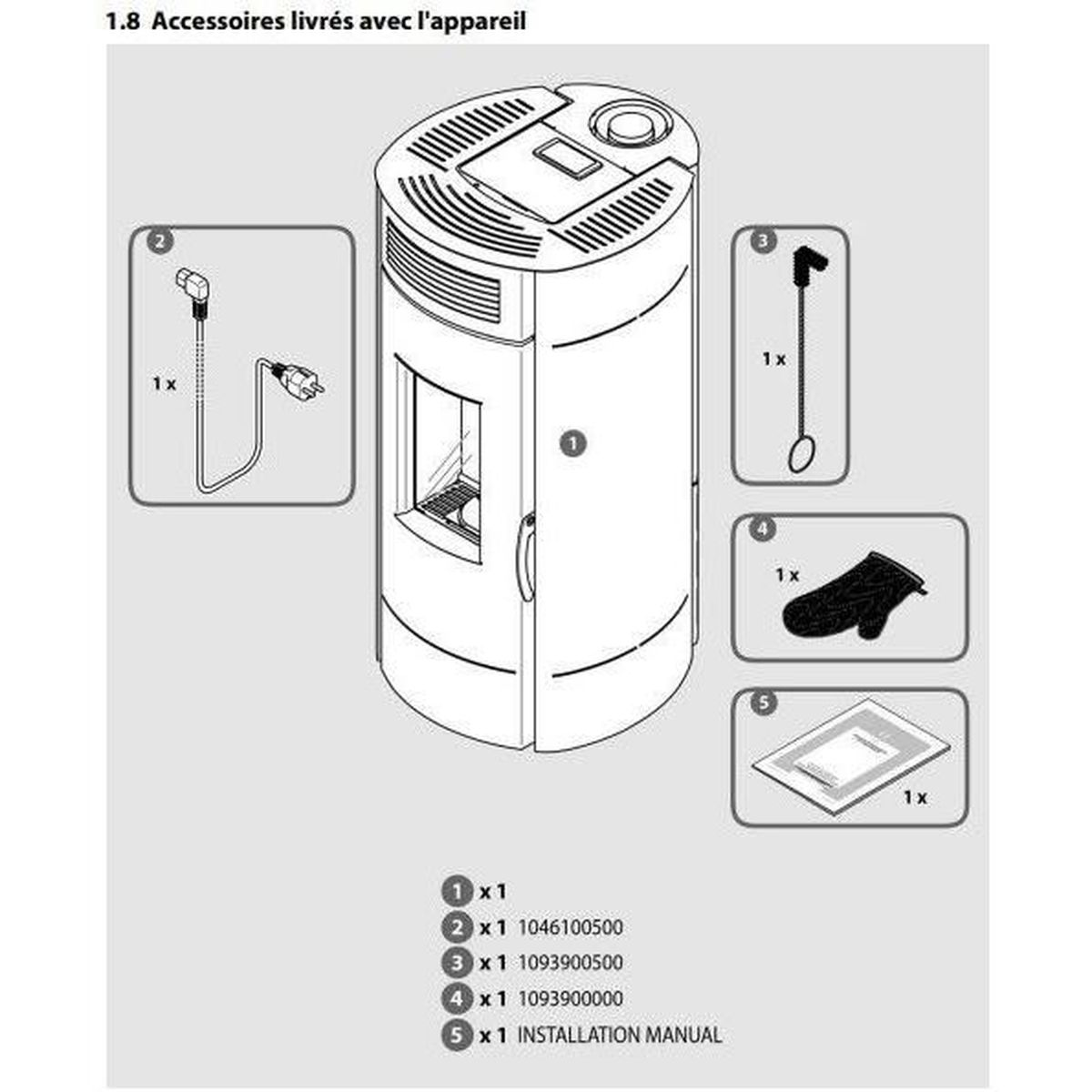 Illustration zeigt einen Pelletofen mit Zubehör: Stromkabel, Werkzeug, Handschuh, Handbuch.