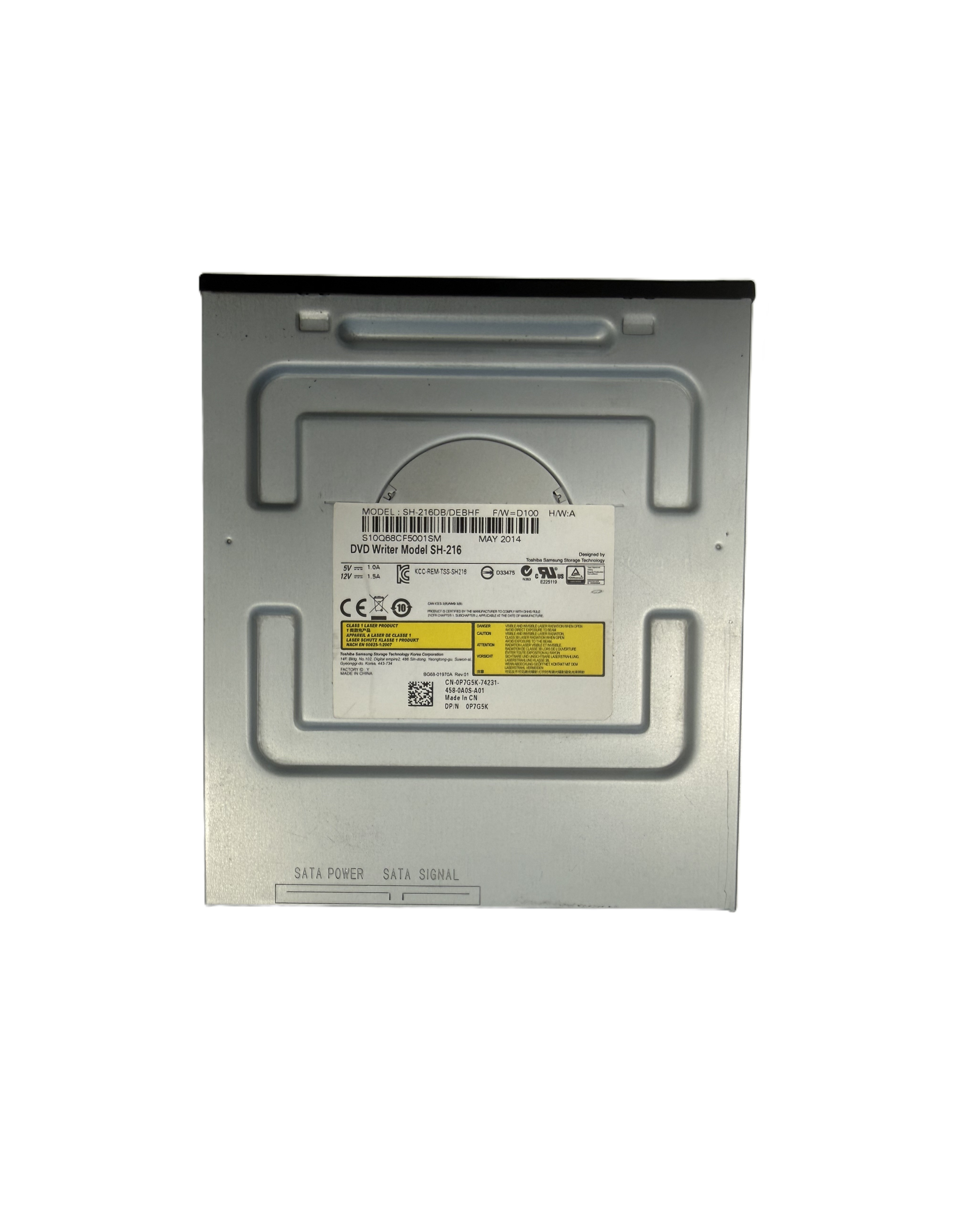 Silbernes DVD-Laufwerk Modell SH-216 mit Aufklebern und Anschlussetiketten.