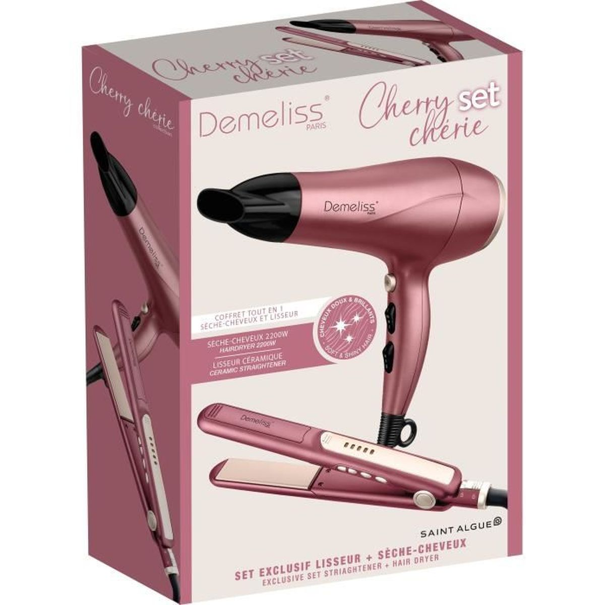 Rosa Haartrockner und Glätteisen-Set von Demeliss auf einer Verpackung.