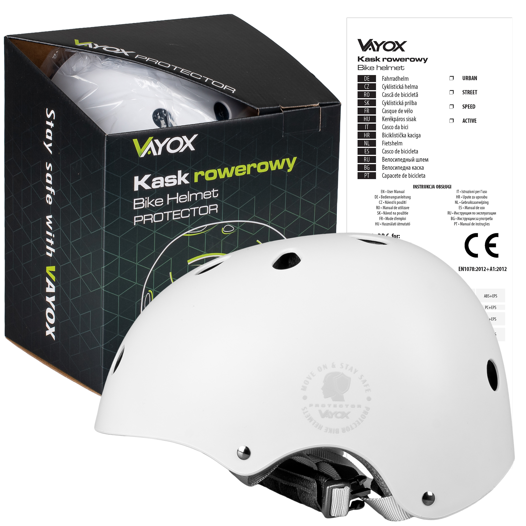 Biały kask rowerowy Vayox leży obok pudełka. Znak CE.