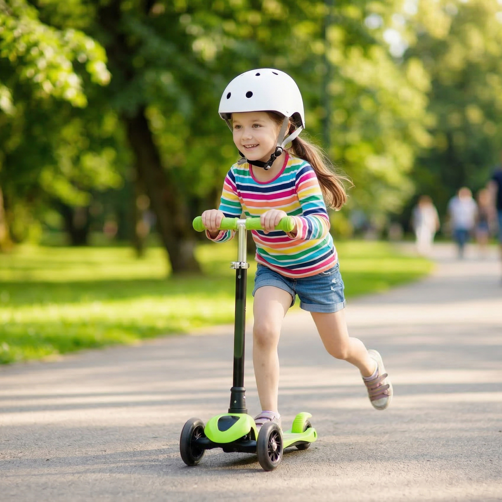 Dziewczynka w kasku jedzie na zielonej hulajnodze po ścieżce w parku.