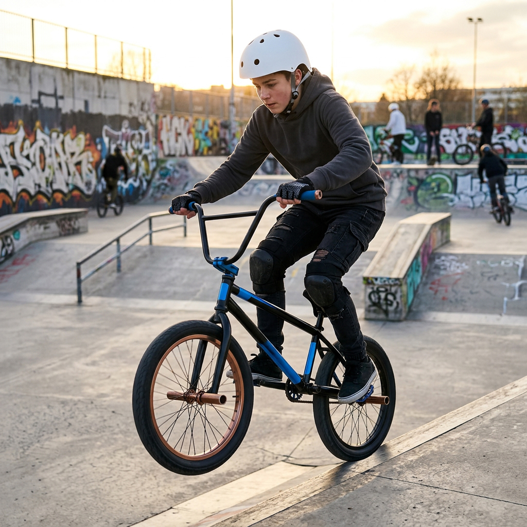 Chłopiec w kasku jeździ na rowerze BMX po skateparku o zachodzie słońca.