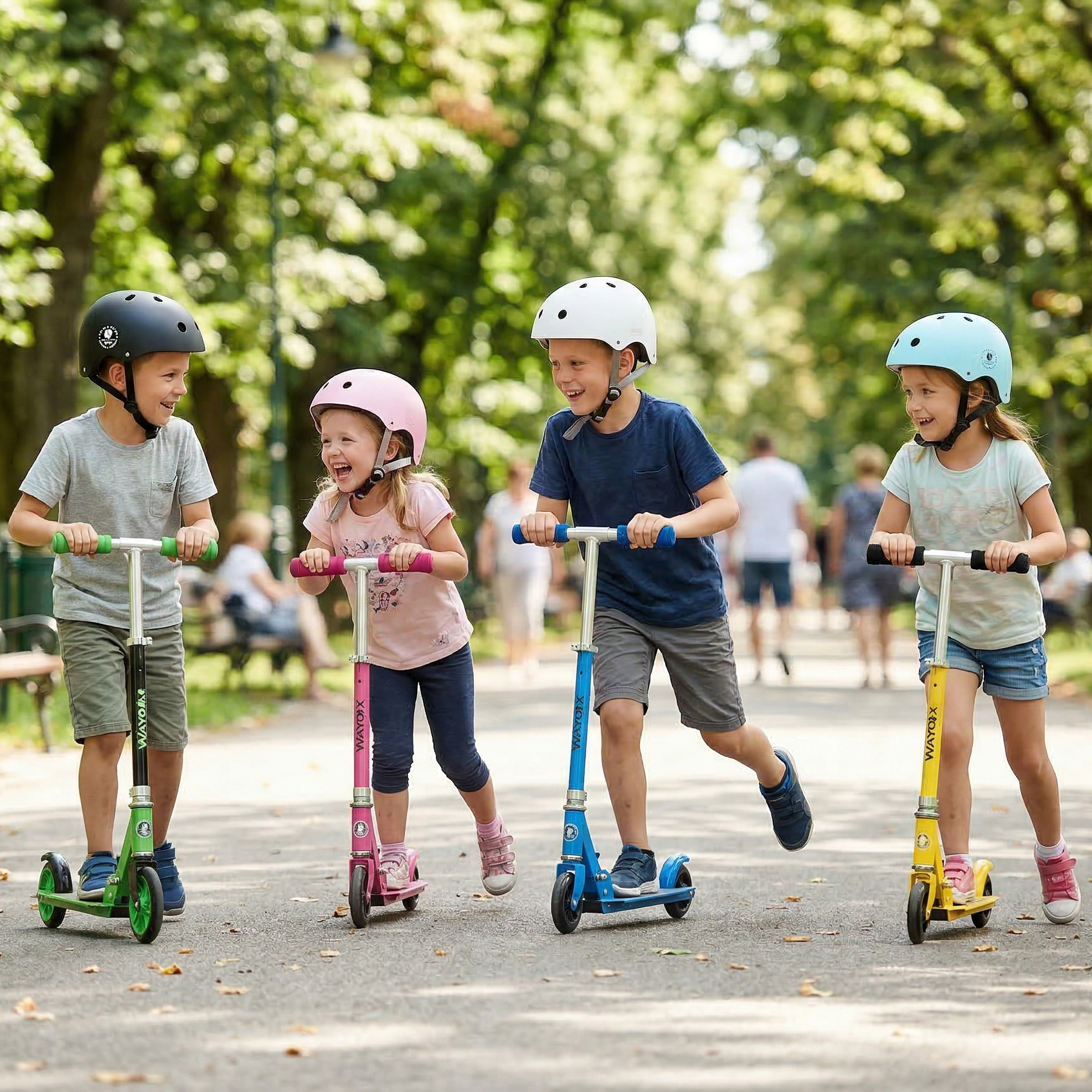 Cztery dzieci w kaskach jeżdżą na hulajnogach po parku.