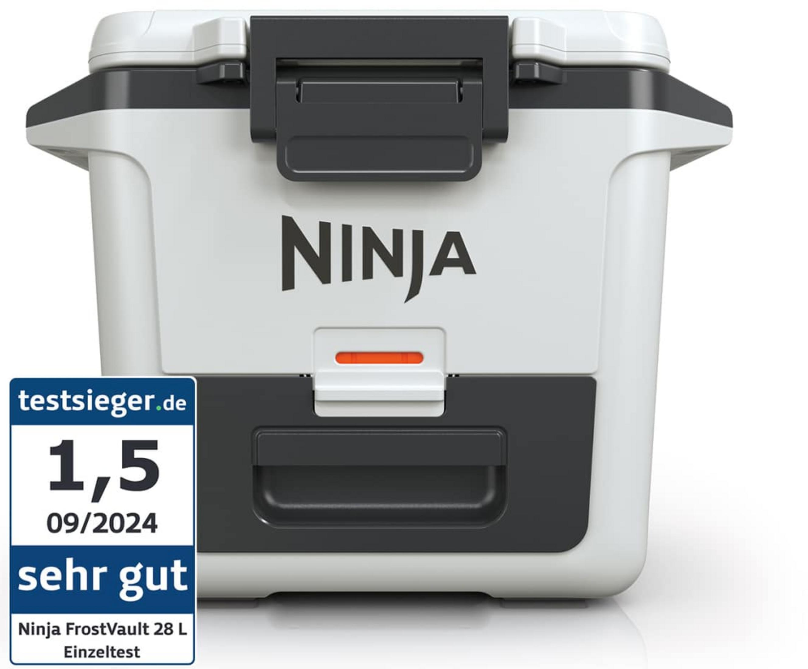 Biała lodówka turystyczna z czarnym uchwytem i logo Ninja. Po lewej pieczęć.