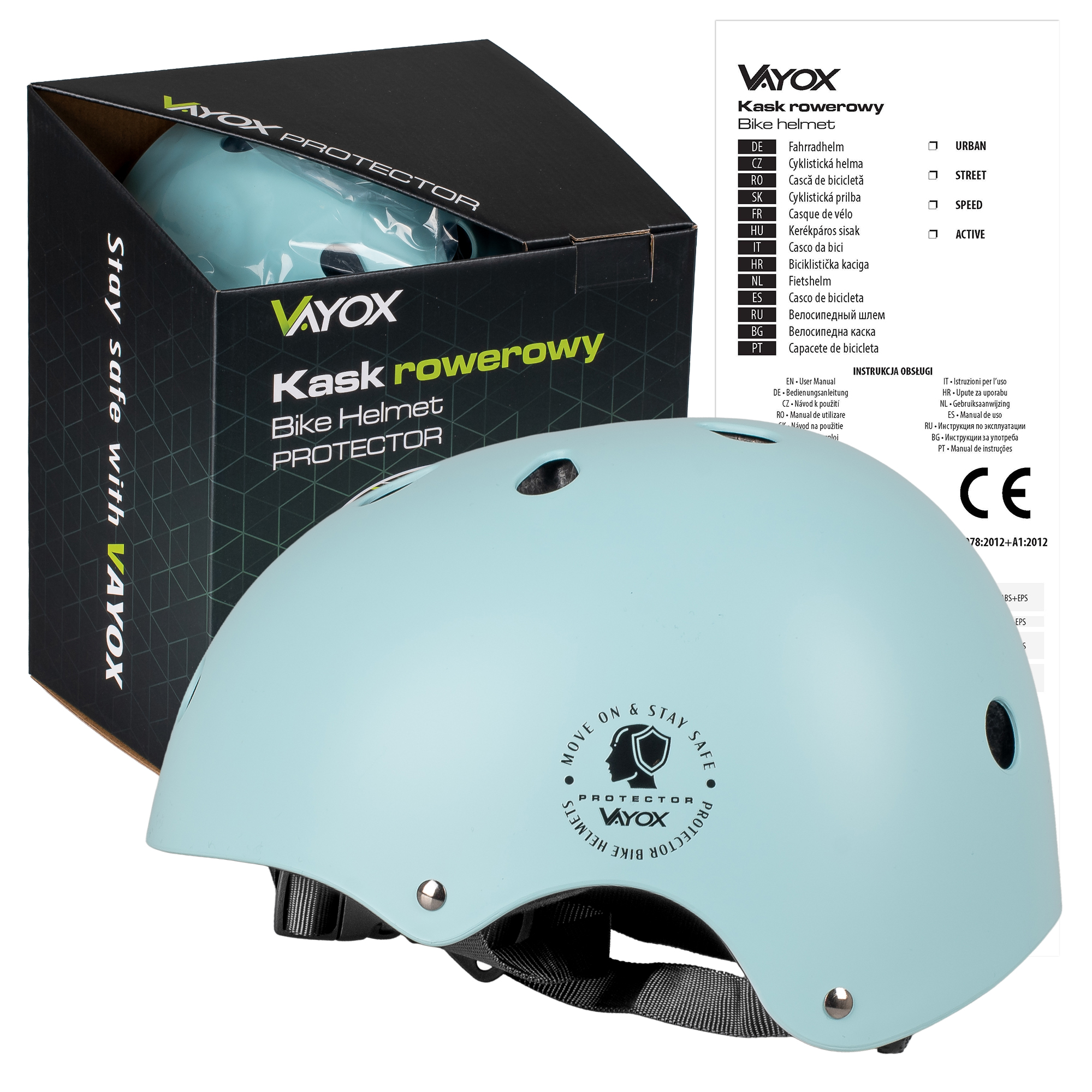 Jasnoniebieski kask rowerowy Vayox w czarnym opakowaniu z napisami.