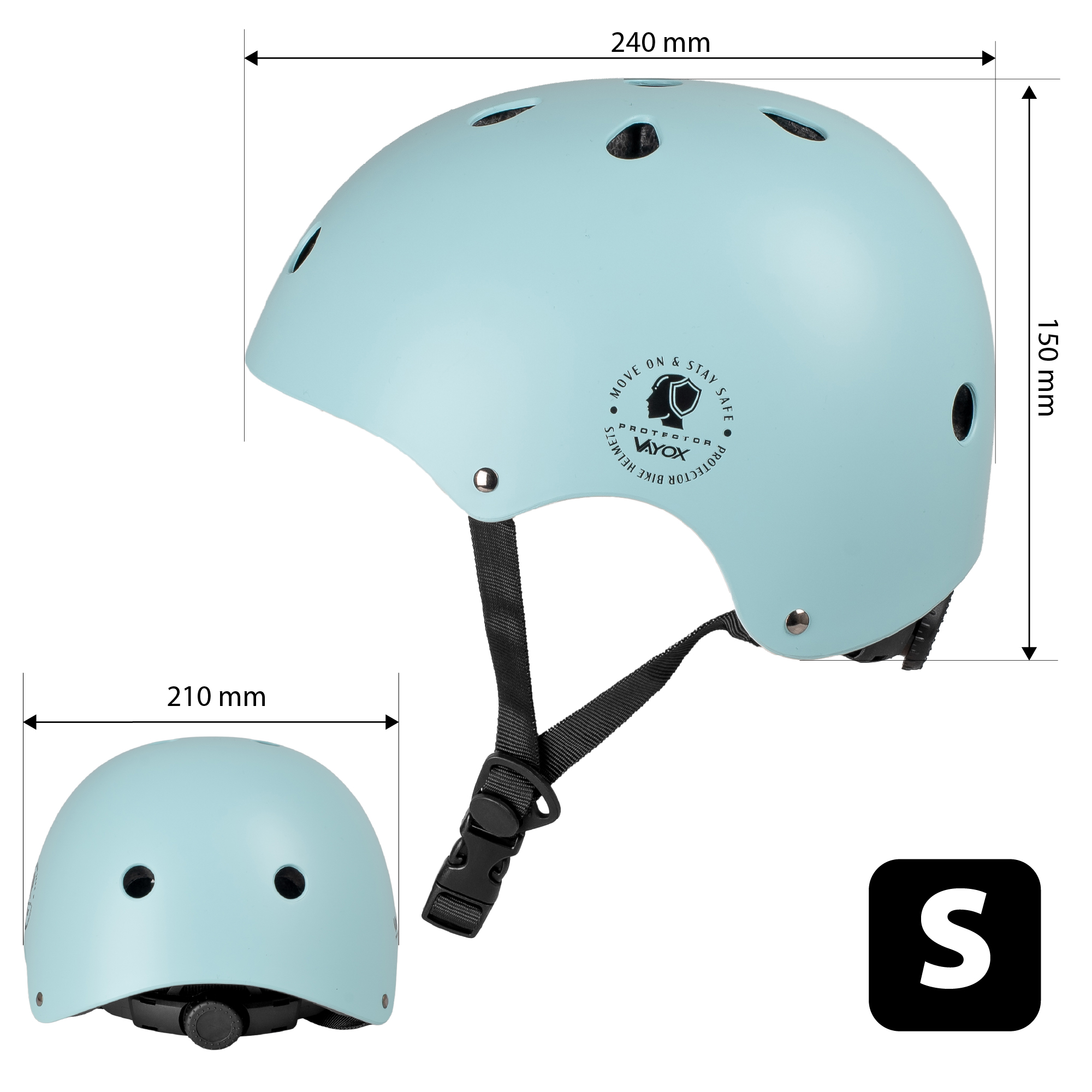 Jasnoniebieski kask rowerowy z systemem regulacji i klamrą. Wymiary podane.