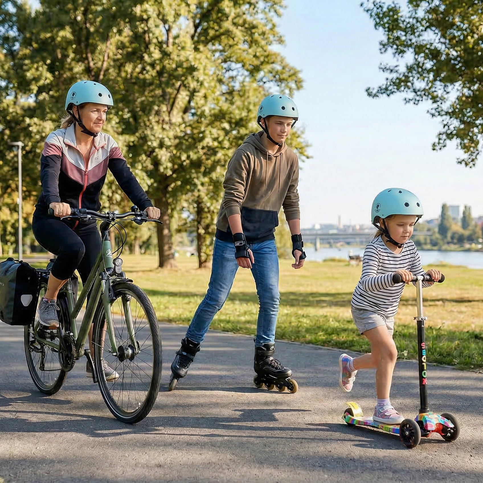 Kobieta jedzie na rowerze, chłopiec na rolkach, dziewczynka na hulajnodze.