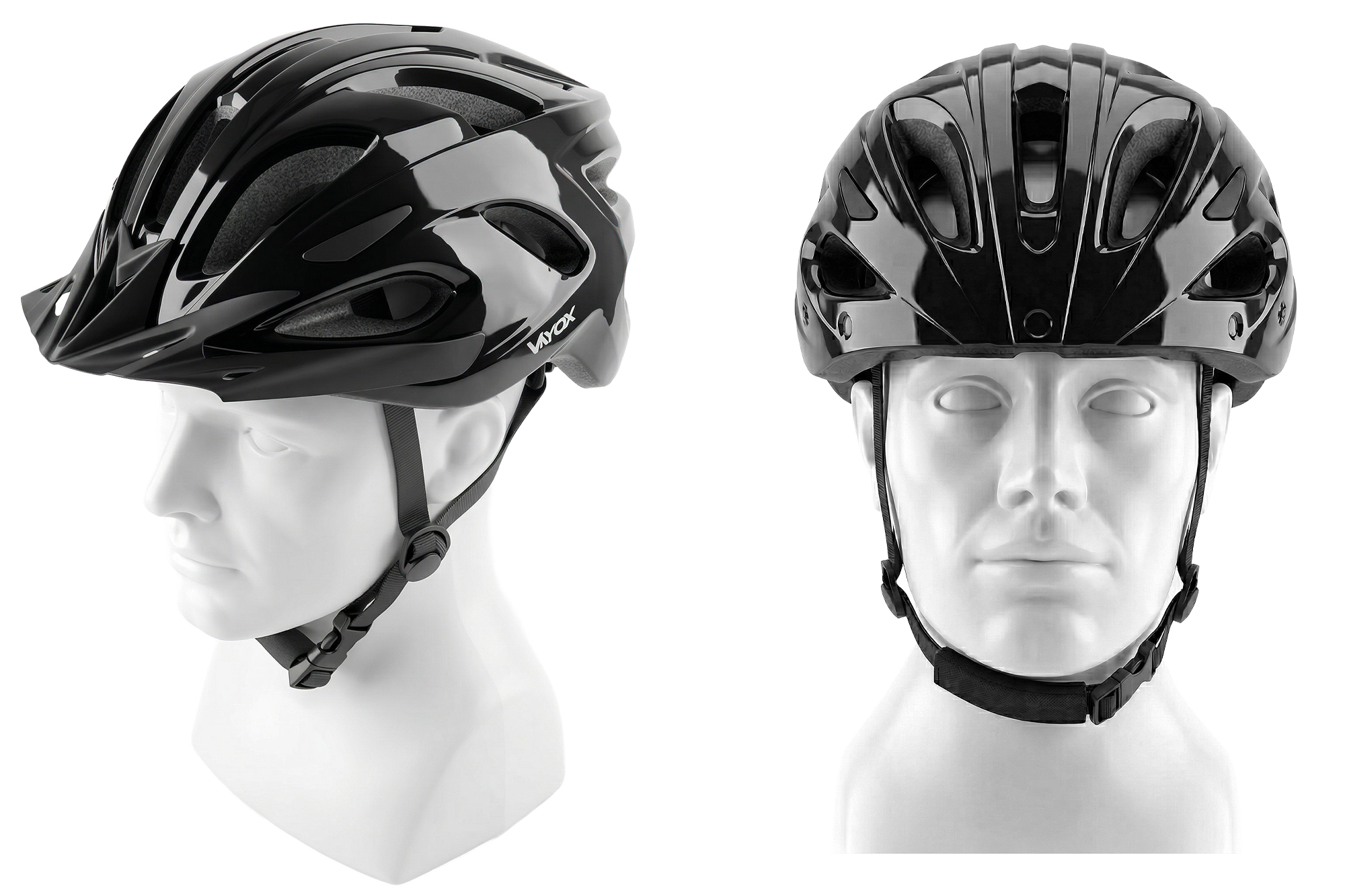 Czarny kask rowerowy na białym popiersiu, widok z przodu i z boku.